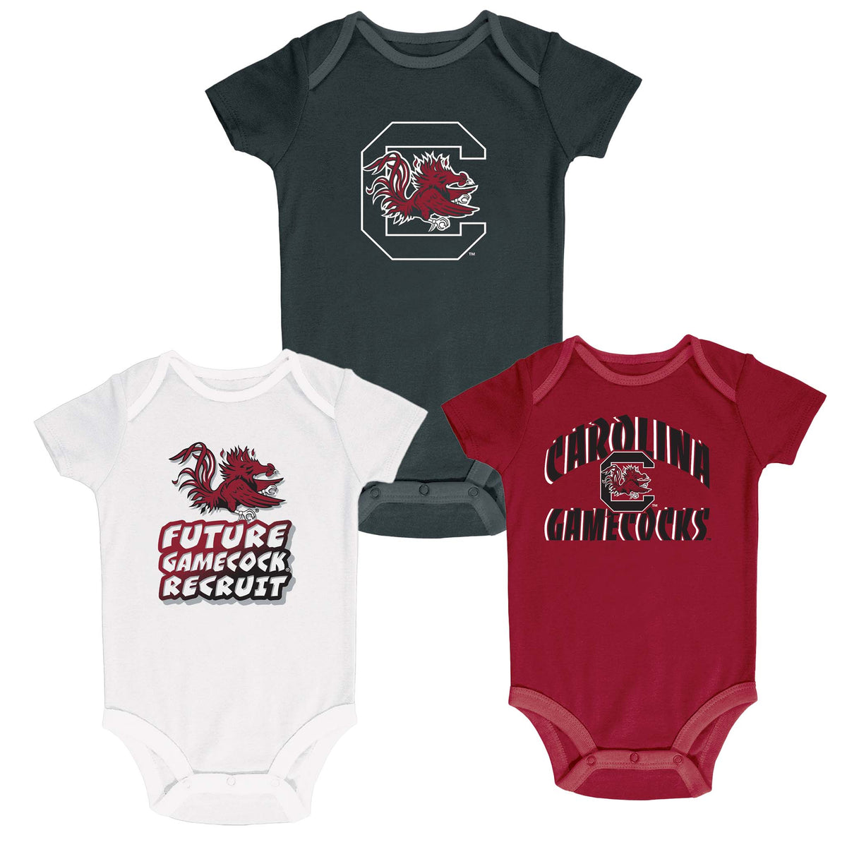 Three baby bodysuits with different USC Gamecock designs on a white background