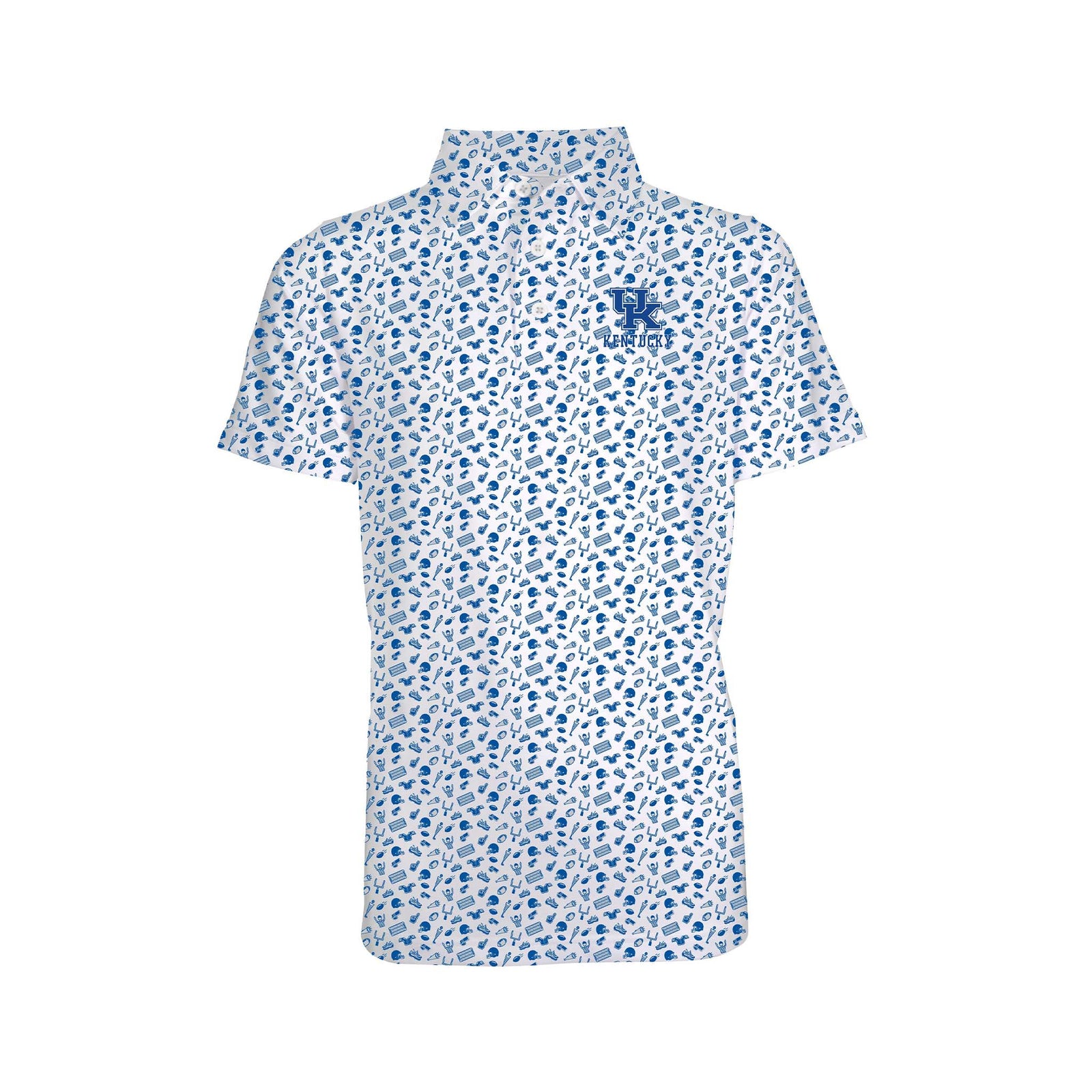 Toddler Kentucky Wildcats polo with royal blue allover sports print and embroidered UK logo on chest.