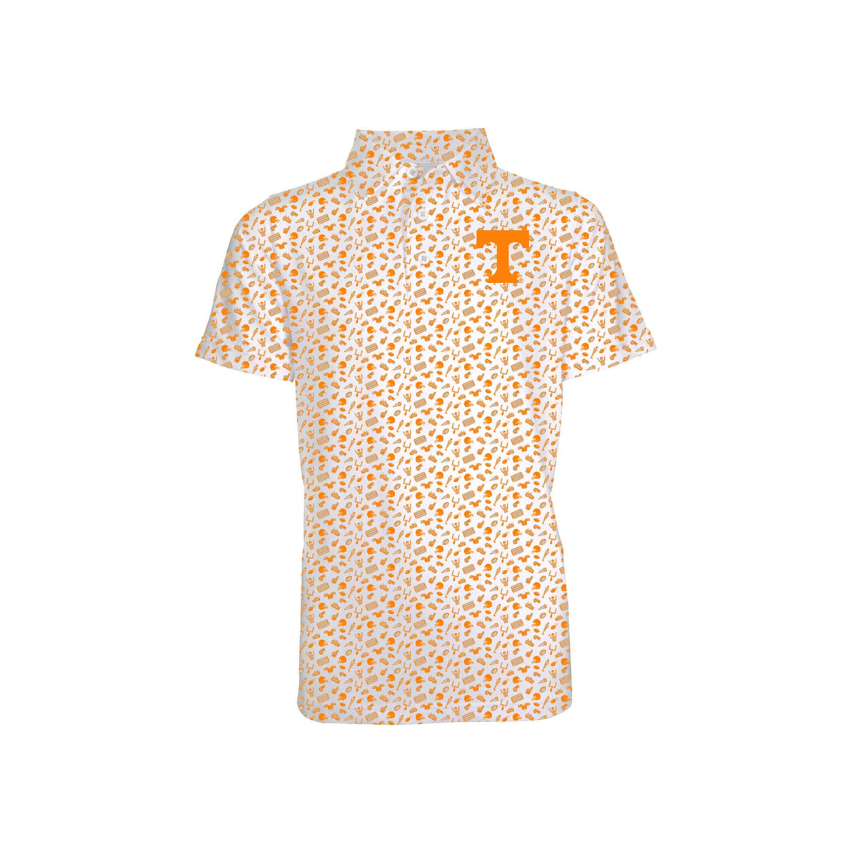 Front view of a toddler sized white short sleeve polo with an allover orange Tennessee-themed icon pattern and a large orange “T” logo on the left chest.