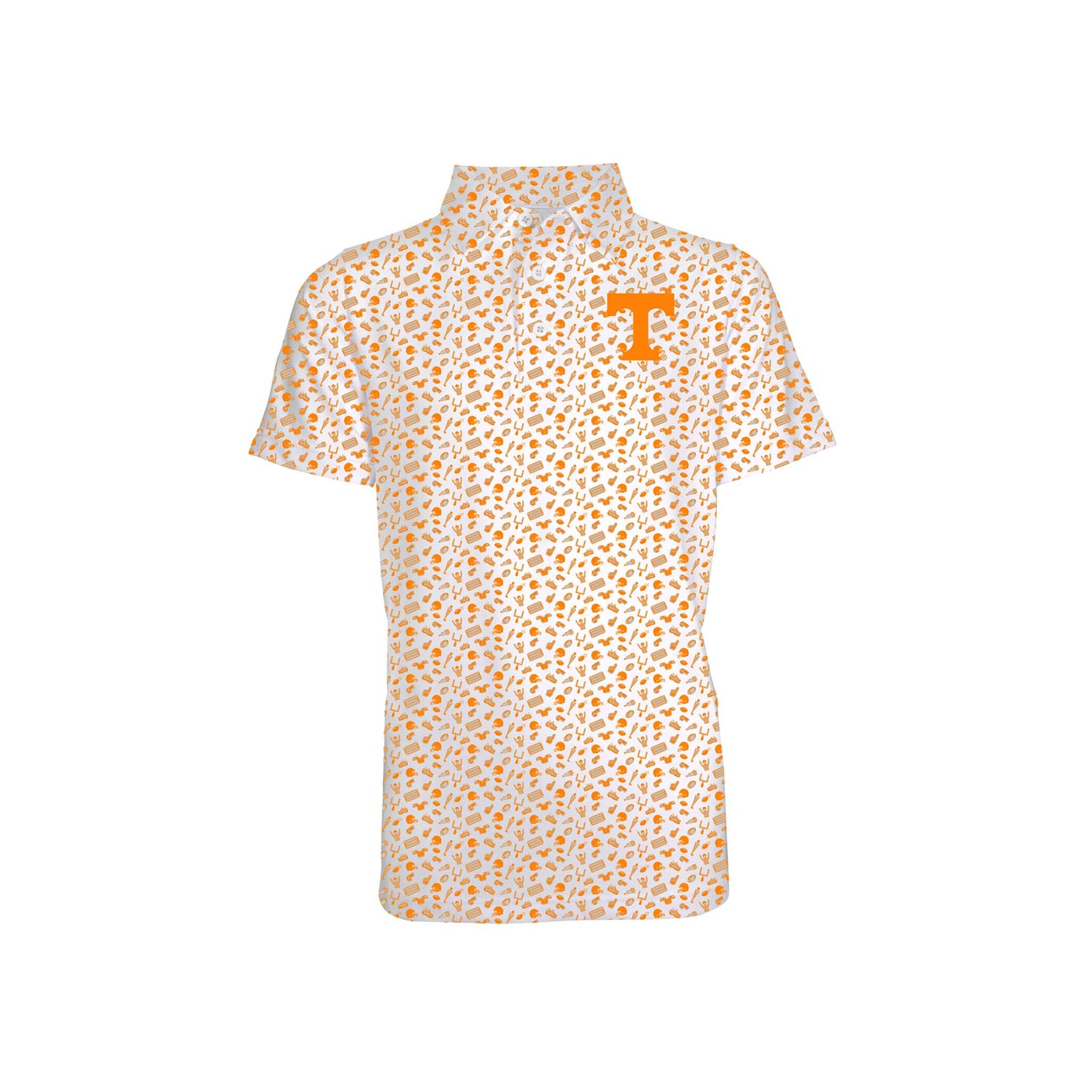Front view of a toddler sized white short sleeve polo with an allover orange Tennessee-themed icon pattern and a large orange “T” logo on the left chest.
