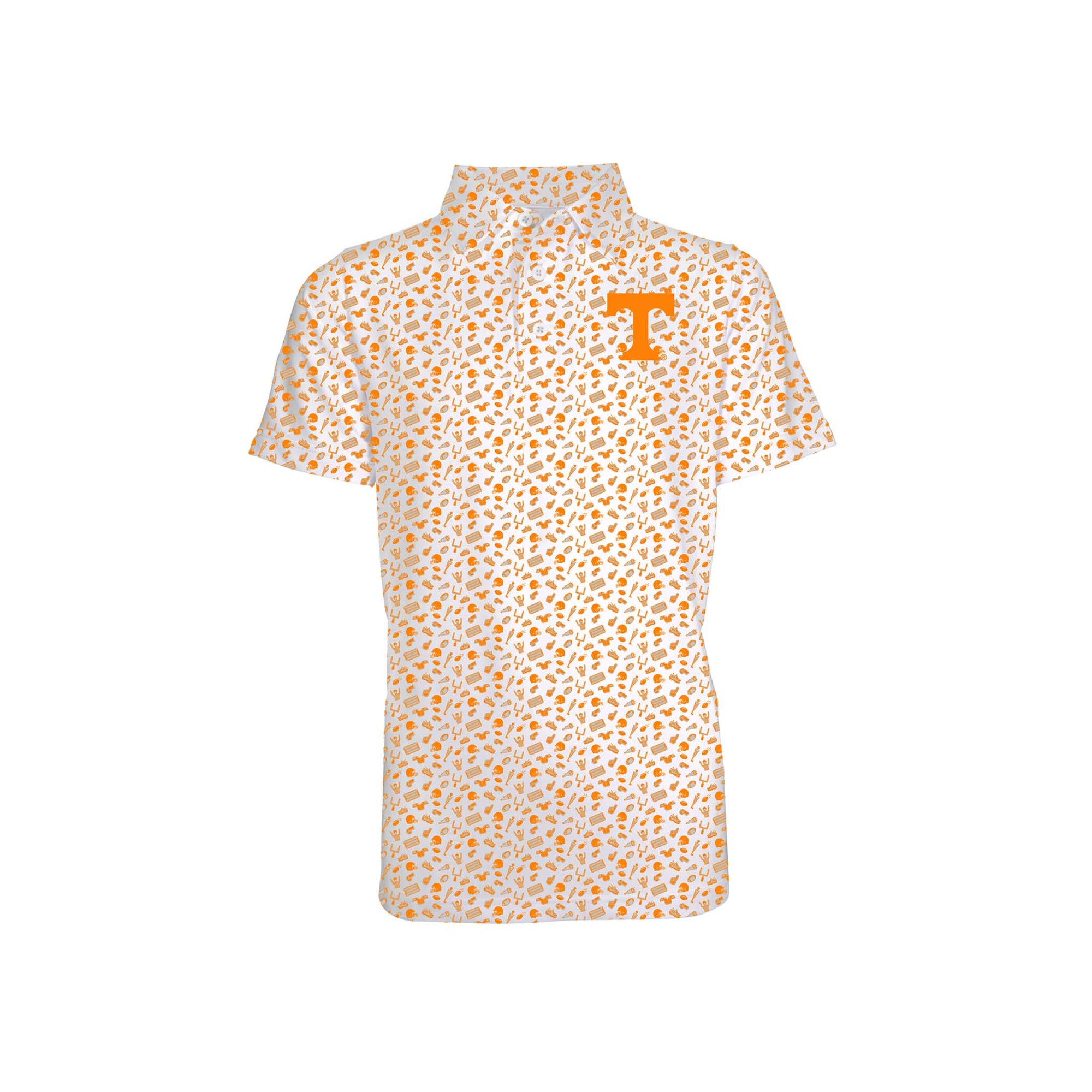 Front view of a toddler sized white short sleeve polo with an allover orange Tennessee-themed icon pattern and a large orange “T” logo on the left chest.