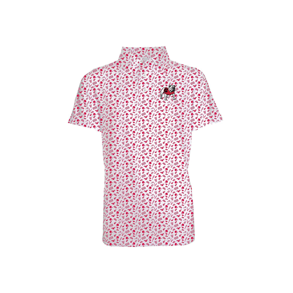 Front view of a toddler-sized white polo with red Georgia Bulldogs icon print and Bulldog mascot logo on the left chest.