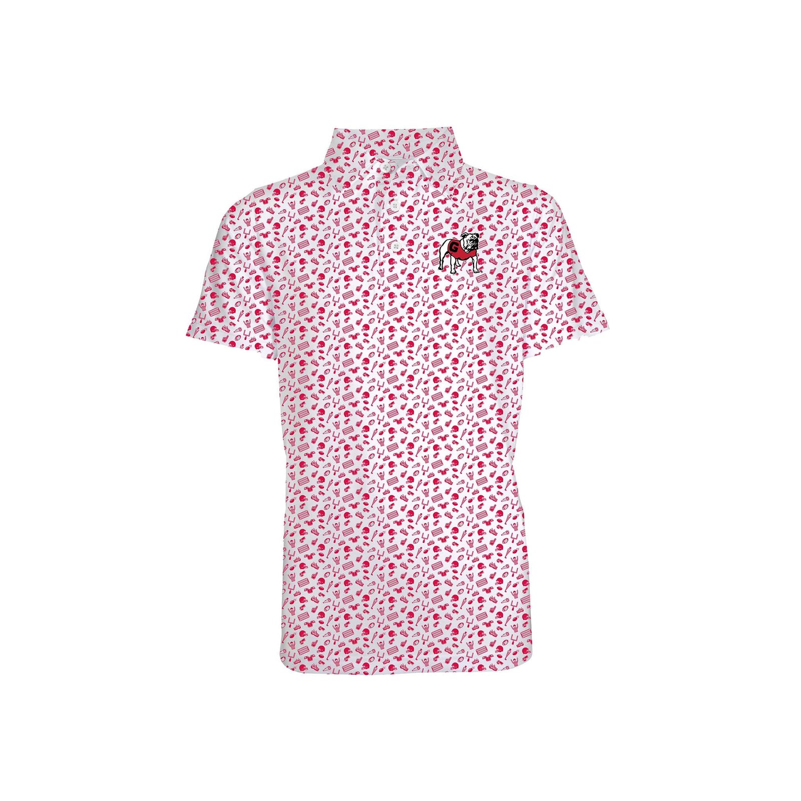 Front view of a toddler-sized white polo with red Georgia Bulldogs icon print and Bulldog mascot logo on the left chest.