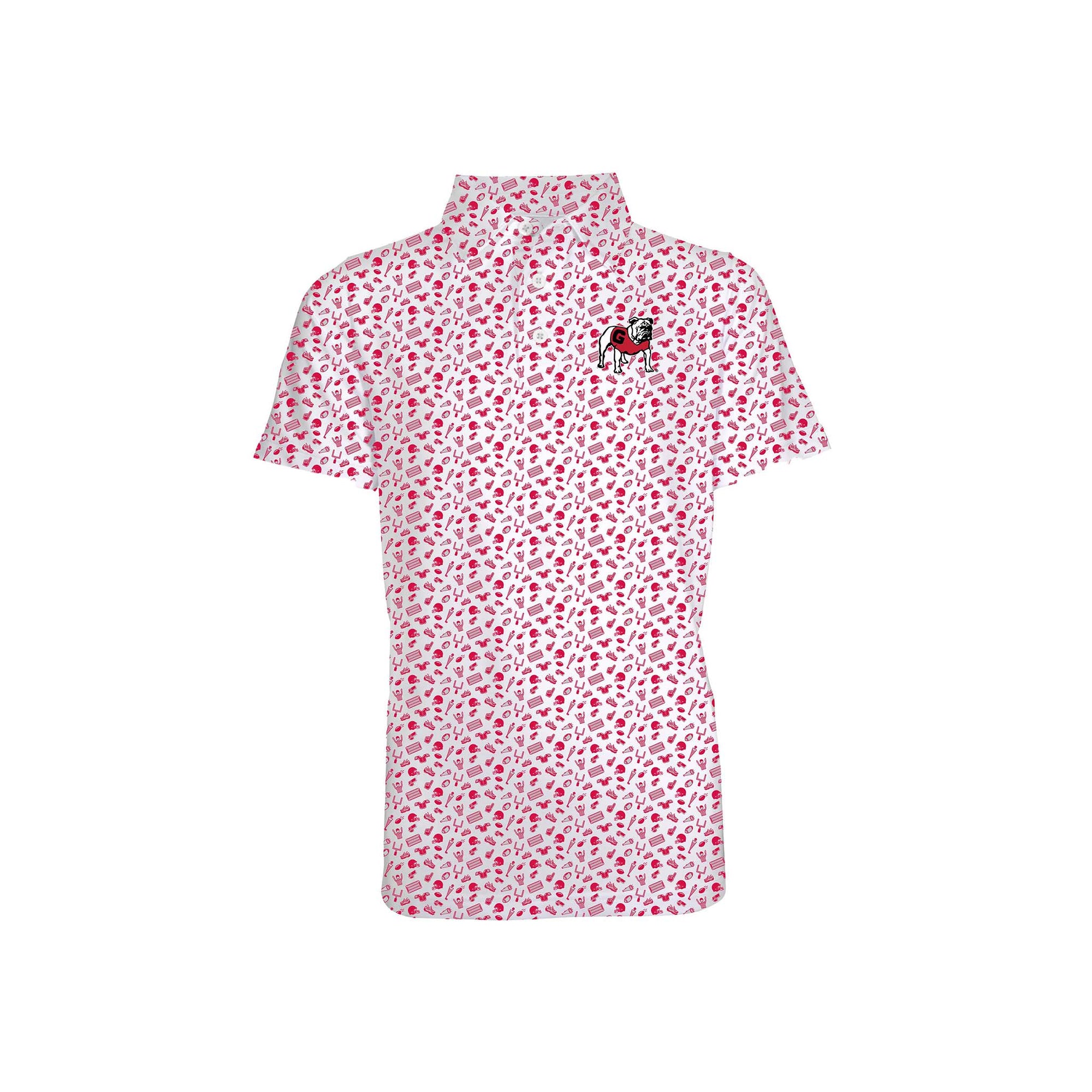 Front view of a toddler-sized white polo with red Georgia Bulldogs icon print and Bulldog mascot logo on the left chest.