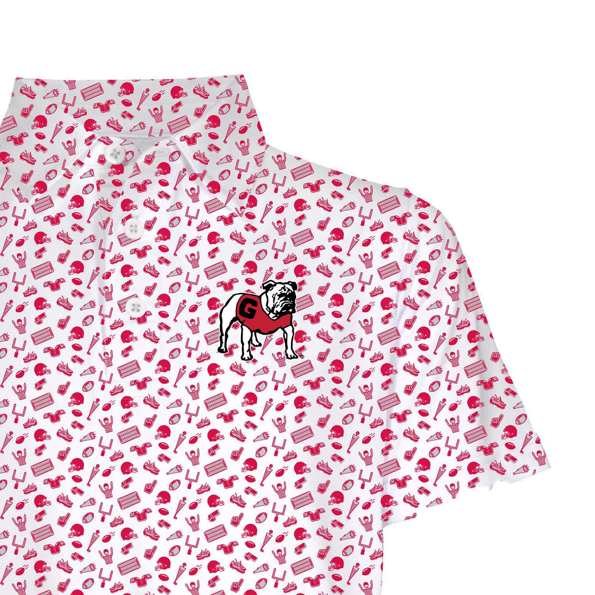 Close-up of toddler Georgia Bulldogs polo showing red team-themed icons and Bulldog mascot logo with red “G.”