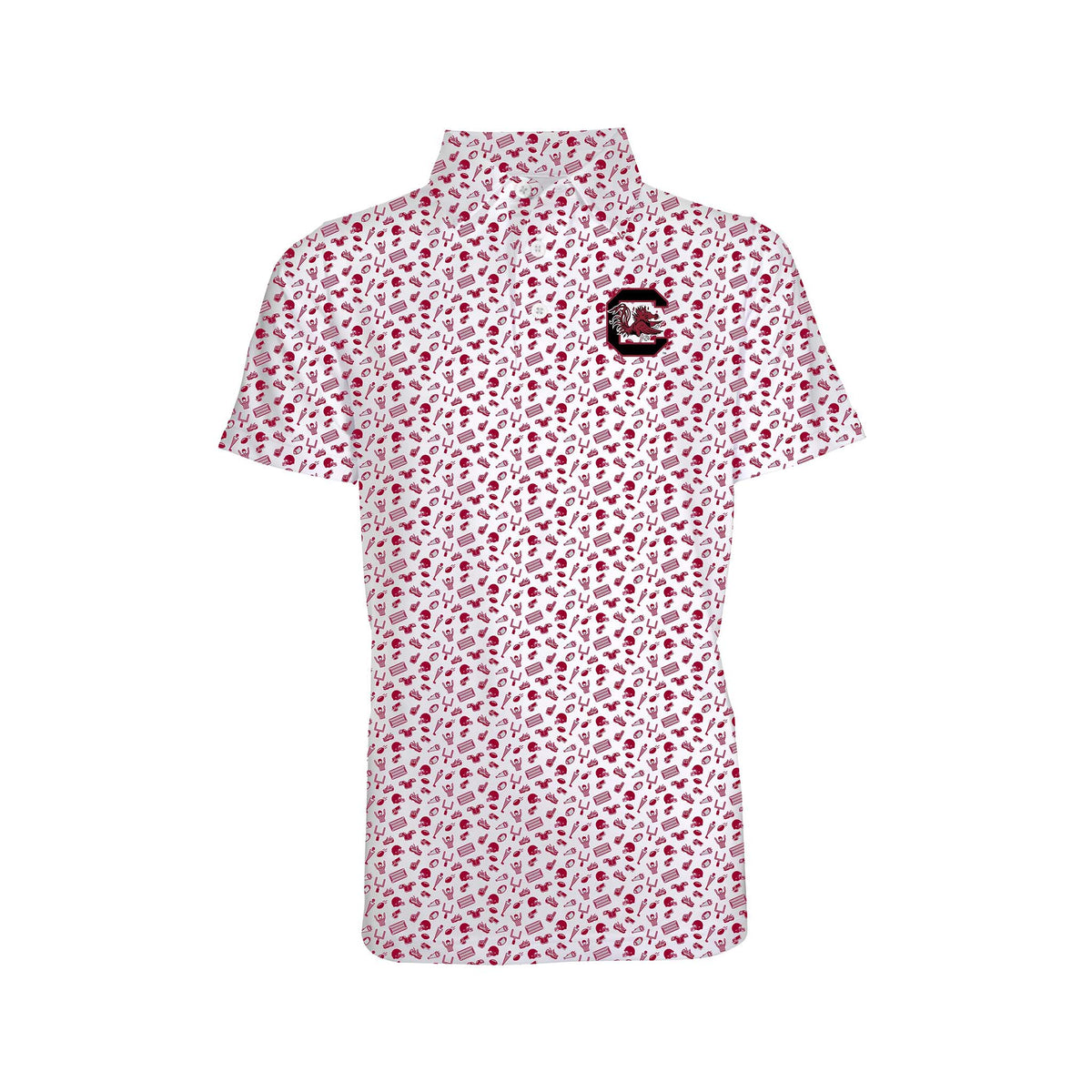 Toddler South Carolina Gamecocks polo with garnet allover sports print and embroidered USC logo on chest.