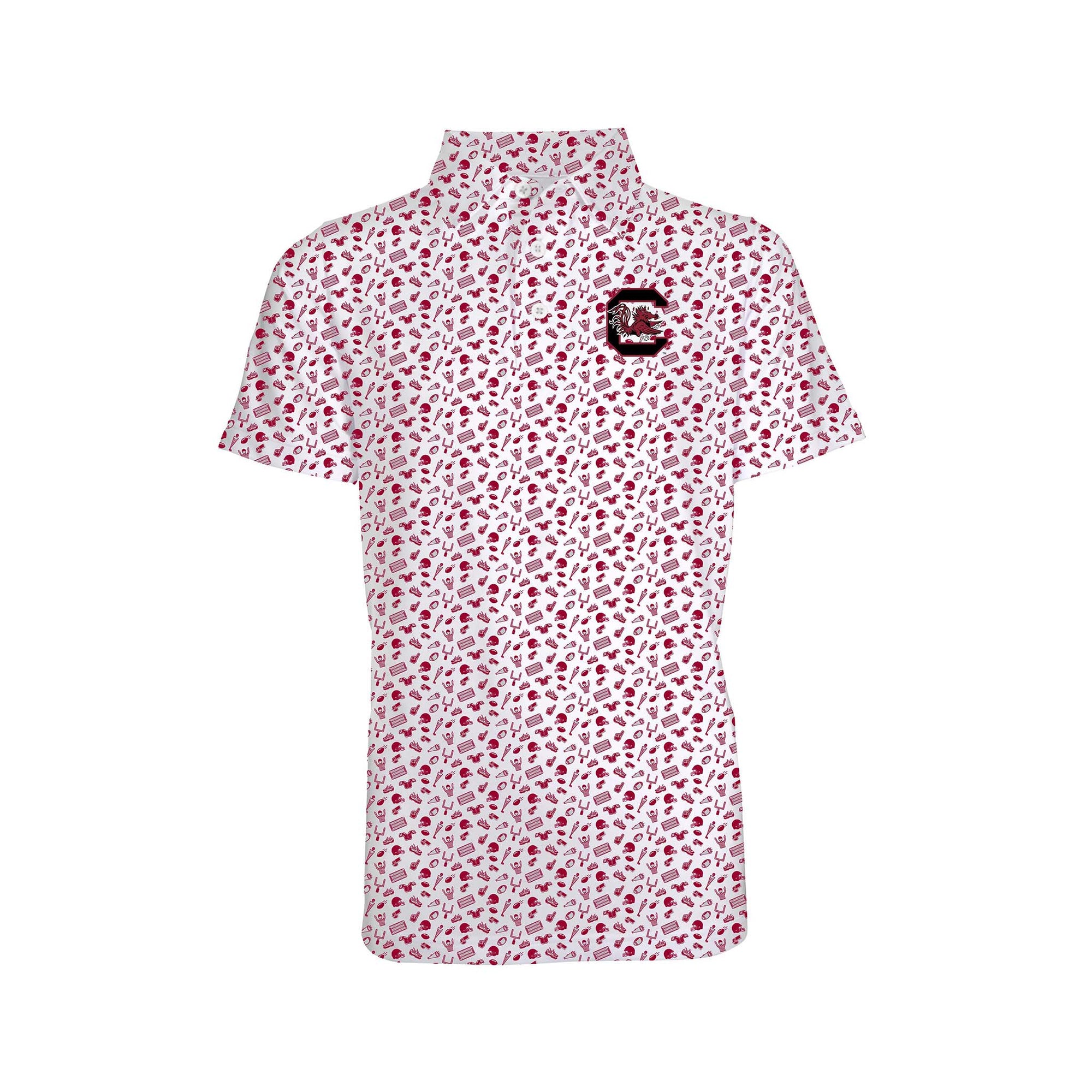 Toddler South Carolina Gamecocks polo with garnet allover sports print and embroidered USC logo on chest.