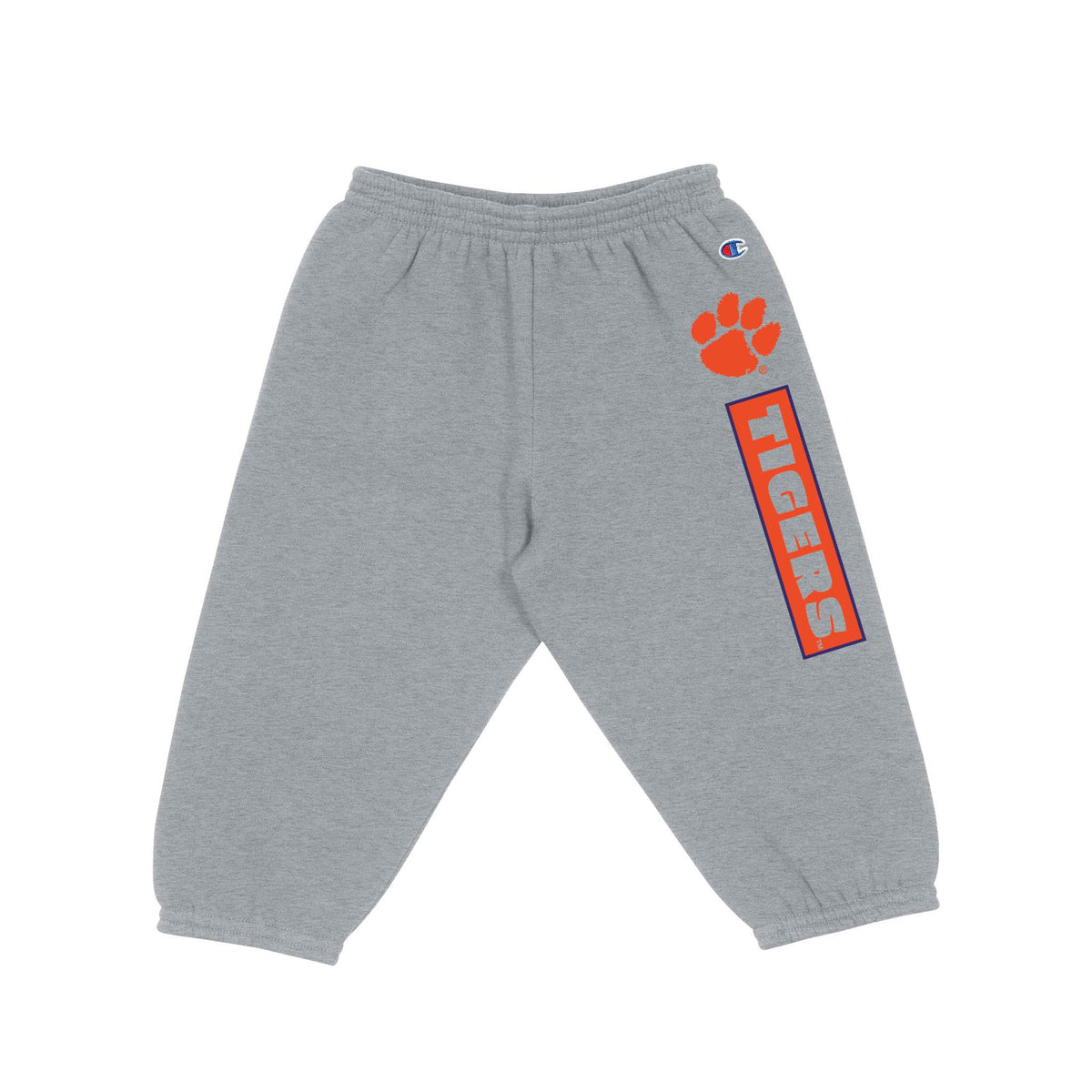 Grey Champion toddler joggers with orange Clemson Tiger Paw logo and bold “Tigers” text down the leg, elastic waistband, and cuffed ankles.