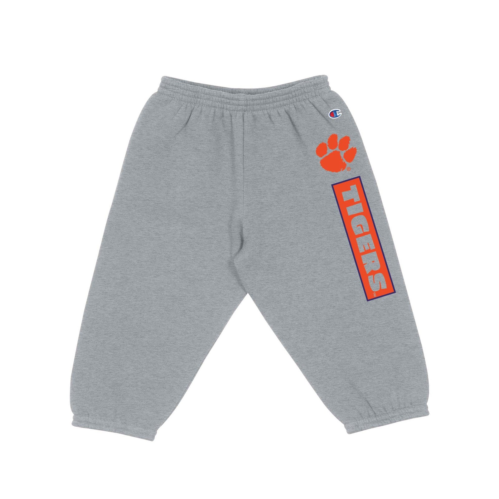 Grey Champion toddler joggers with orange Clemson Tiger Paw logo and bold “Tigers” text down the leg, elastic waistband, and cuffed ankles.