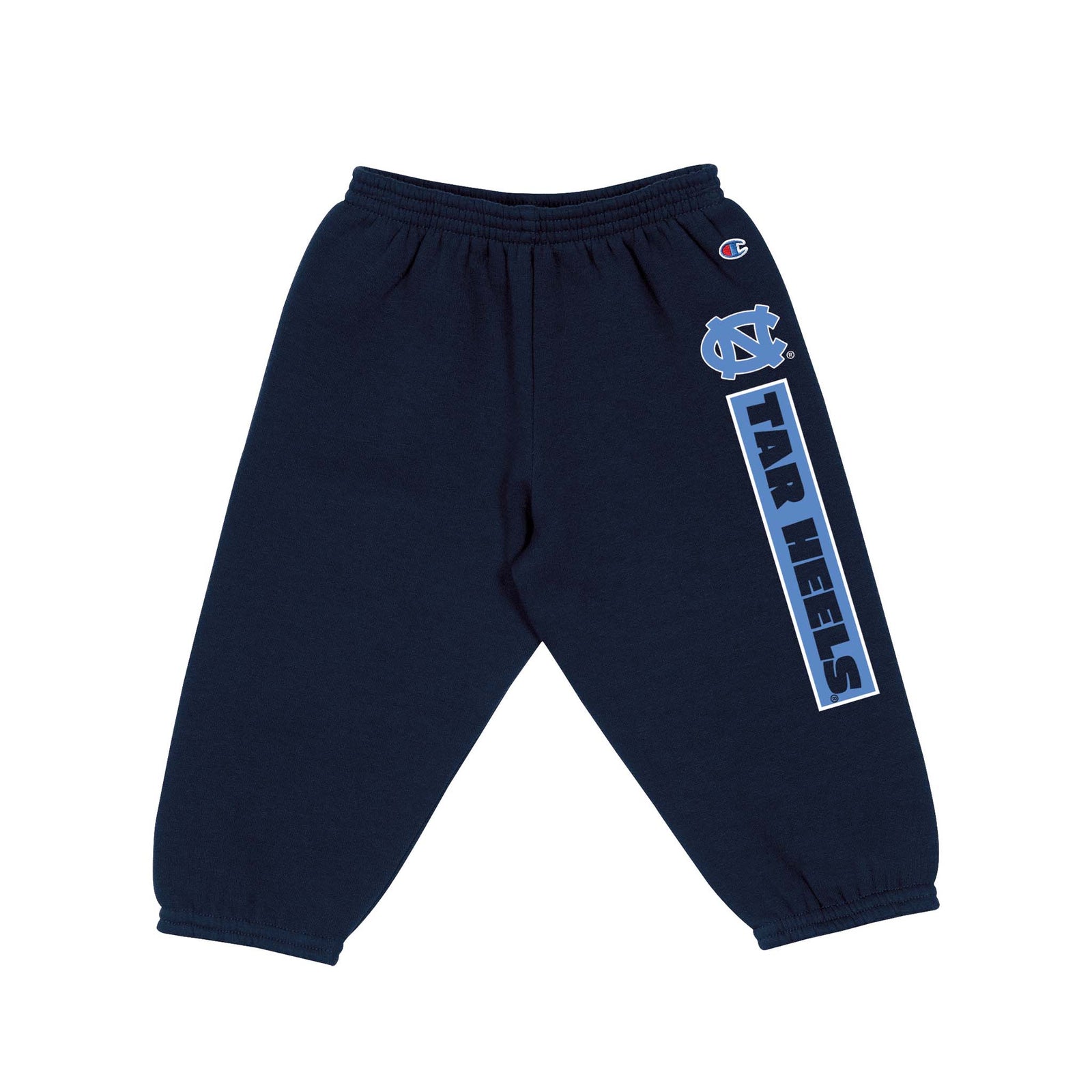 Navy Champion toddler joggers with Carolina blue interlocking NC logo and bold “Tar Heels” text down the leg, elastic waistband, and cuffed ankles.