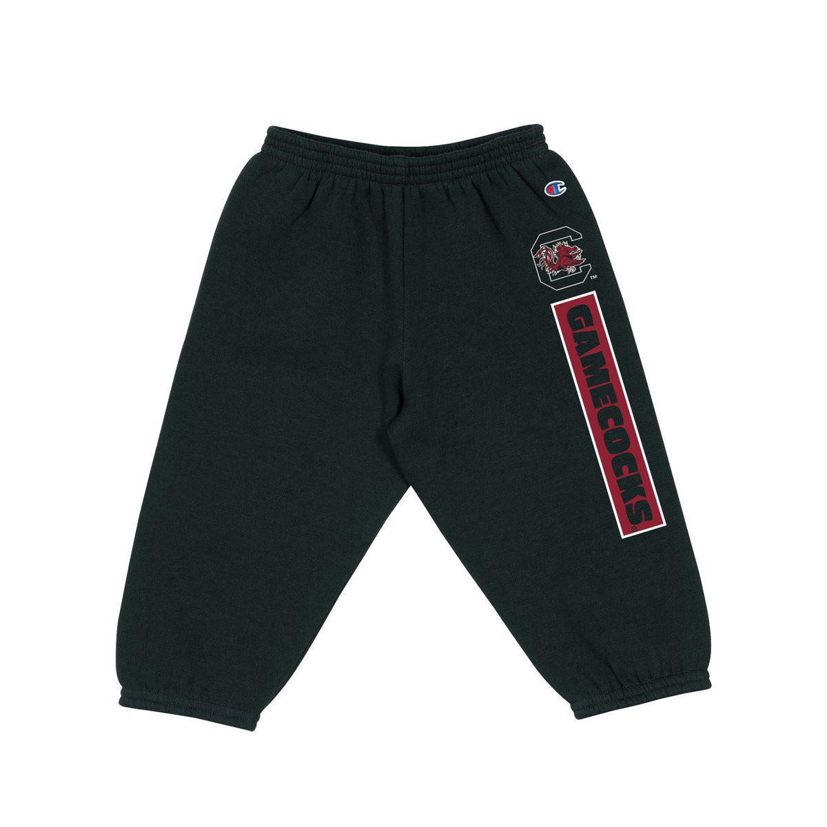 Black Champion toddler joggers with South Carolina Gamecocks logo and bold “Gamecocks” text down the leg, elastic waistband, and cuffed ankles.