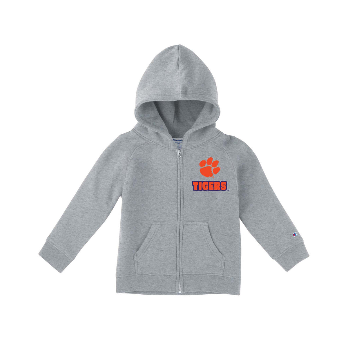 Grey Champion toddler full-zip hoodie with orange Tiger Paw logo and “Tigers” text on chest, kangaroo pockets, and Champion “C” logo on sleeve.