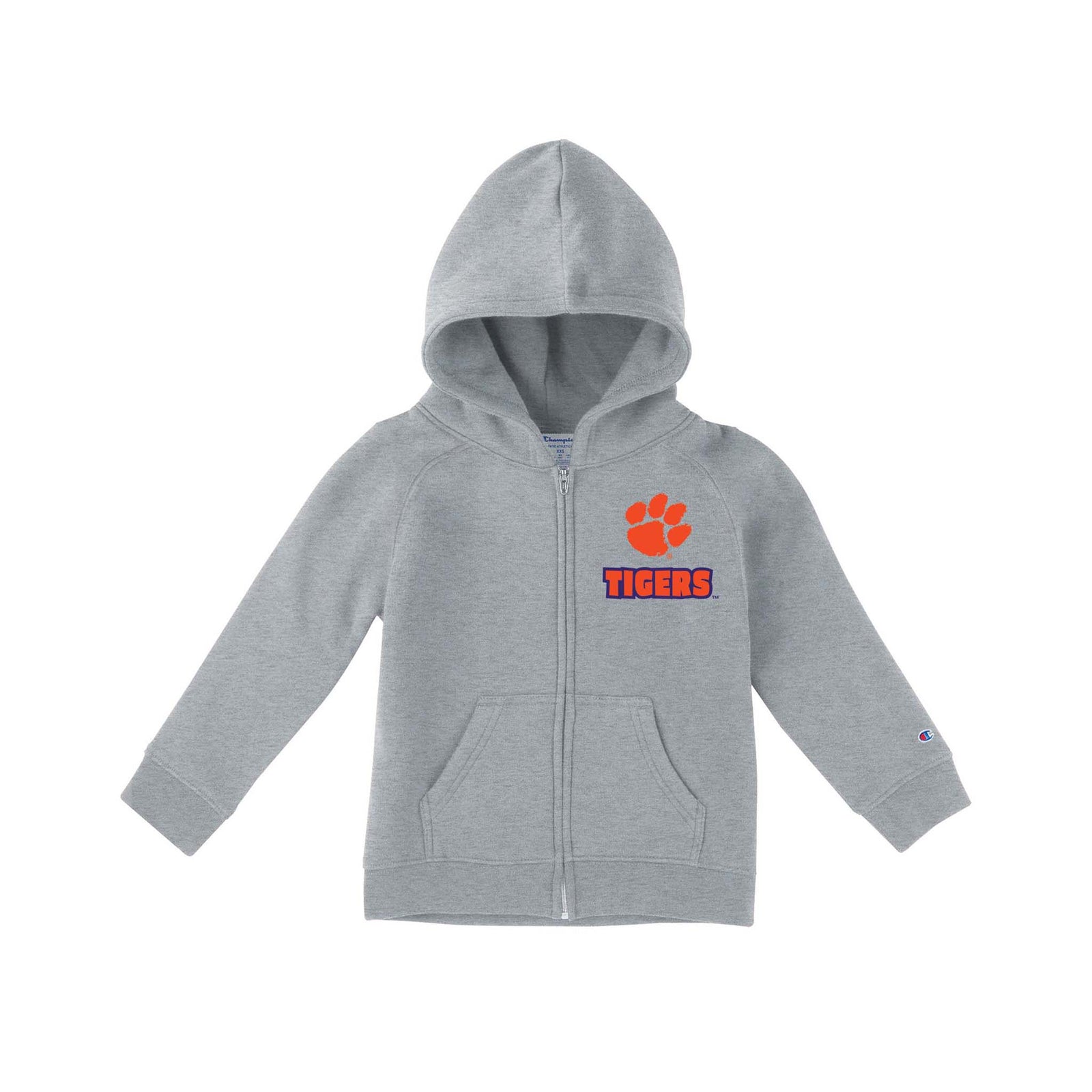 Grey Champion toddler full-zip hoodie with orange Tiger Paw logo and “Tigers” text on chest, kangaroo pockets, and Champion “C” logo on sleeve.