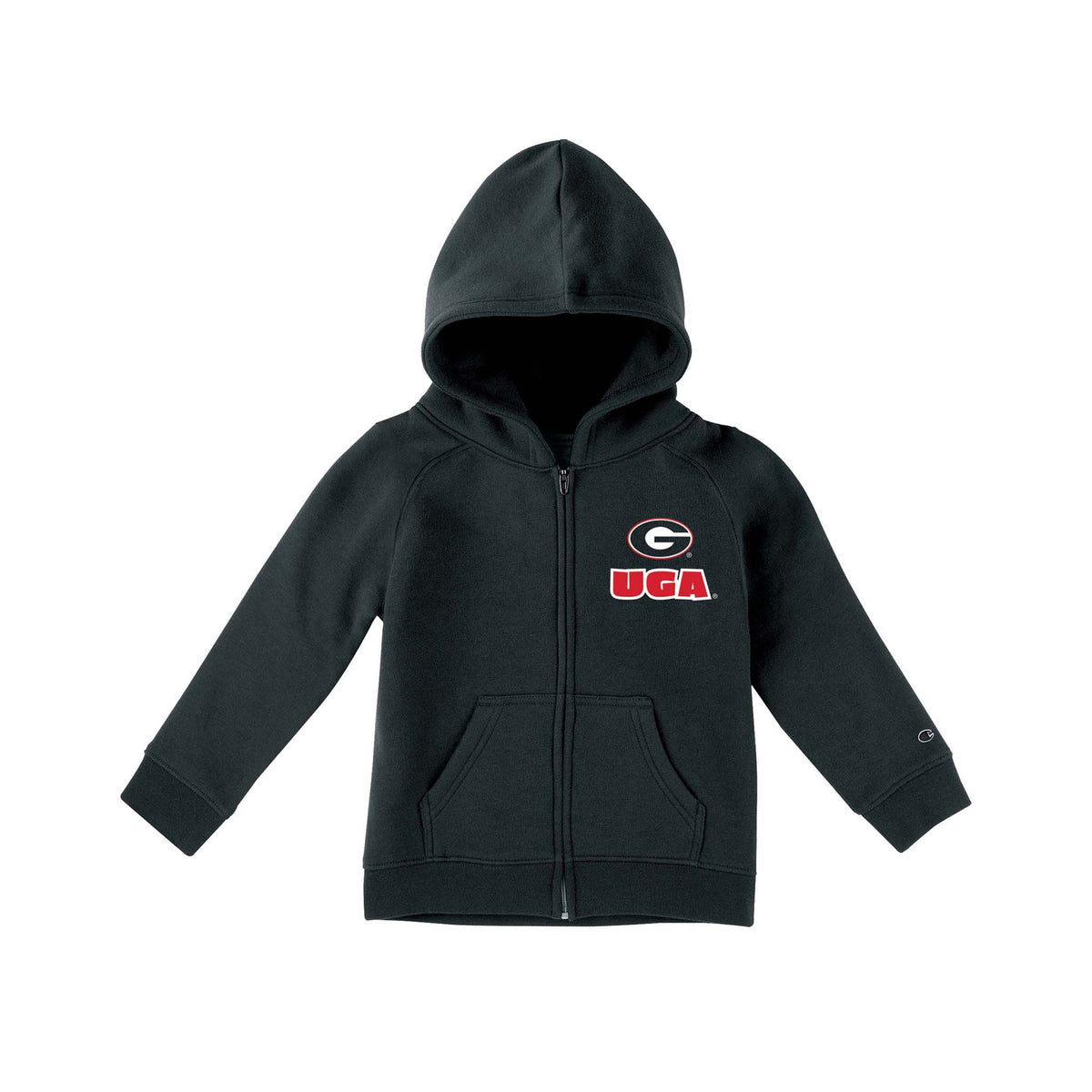Black Champion toddler full-zip hoodie with Georgia “G” logo and “UGA” text on chest, kangaroo pockets, and Champion “C” logo on sleeve.