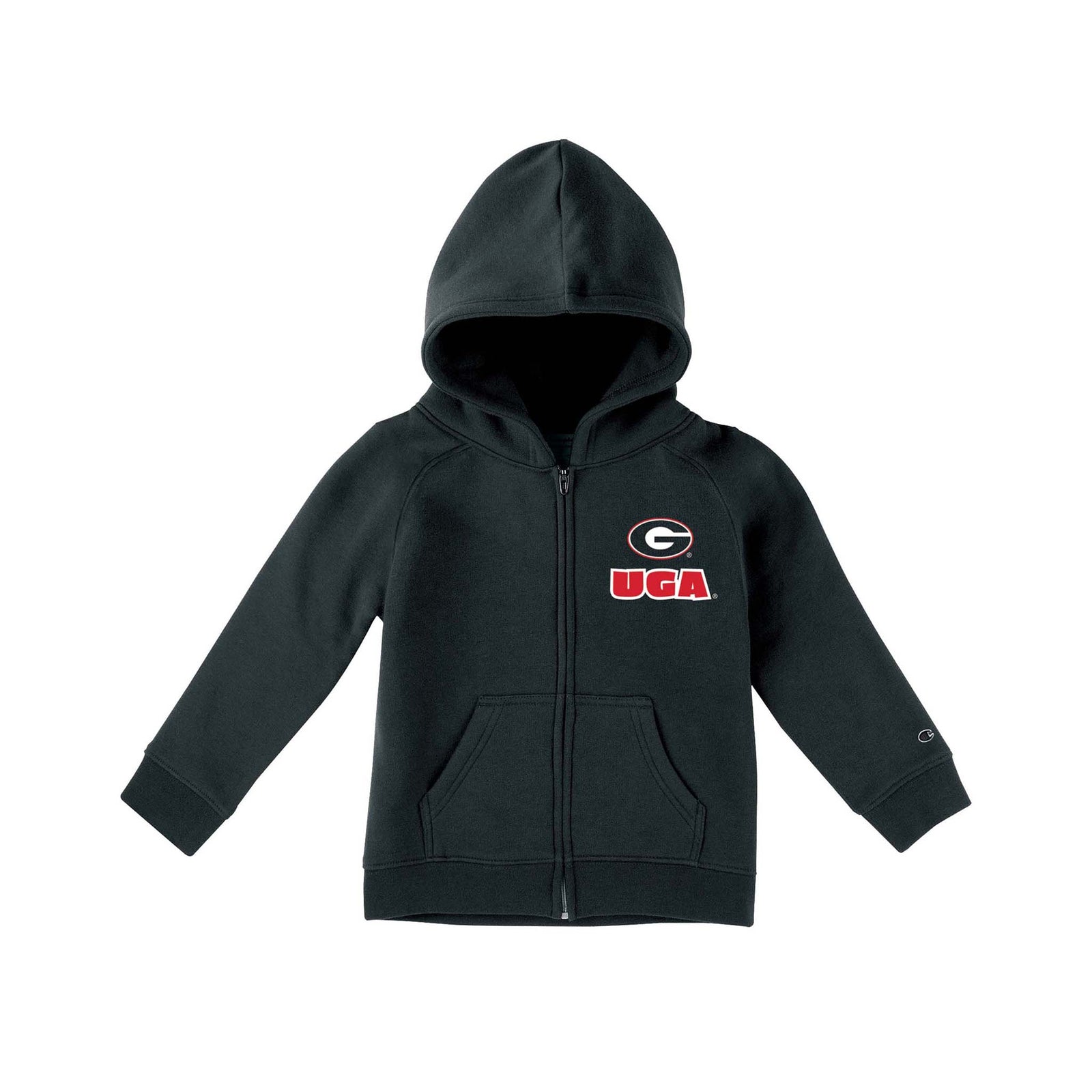 Black Champion toddler full-zip hoodie with Georgia “G” logo and “UGA” text on chest, kangaroo pockets, and Champion “C” logo on sleeve.