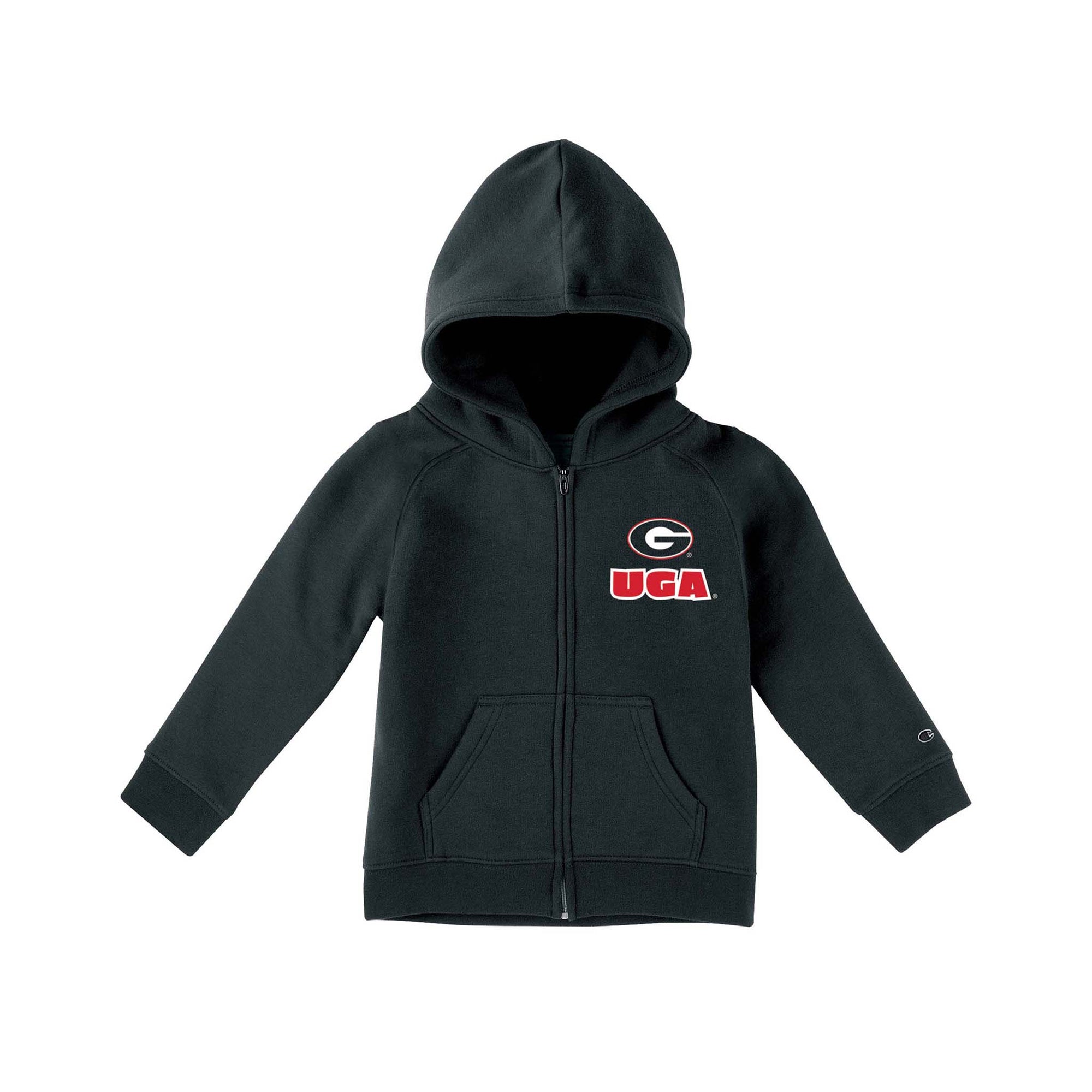Black Champion toddler full-zip hoodie with Georgia “G” logo and “UGA” text on chest, kangaroo pockets, and Champion “C” logo on sleeve.