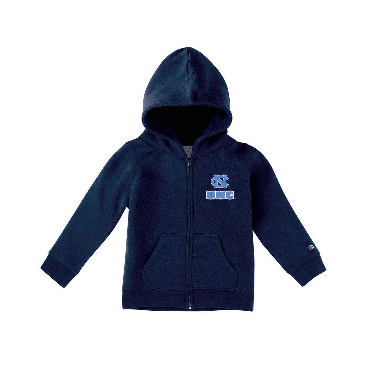 Navy Champion toddler full-zip hoodie with Carolina blue interlocking NC logo and “UNC” text on chest, kangaroo pockets, and Champion “C” logo on sleeve.