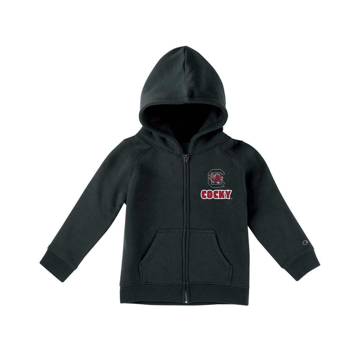 Black Champion toddler full-zip hoodie with South Carolina Gamecocks logo and “Cocky” text on chest, kangaroo pockets, and Champion “C” logo on sleeve.
