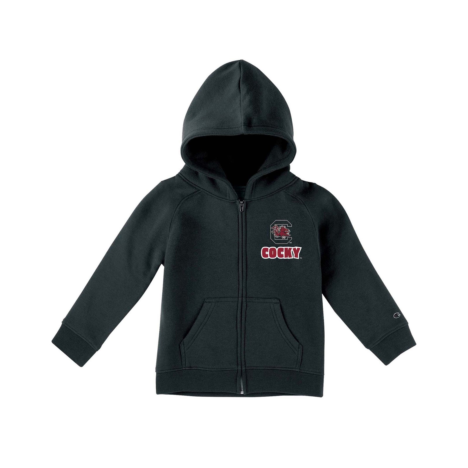 Black Champion toddler full-zip hoodie with South Carolina Gamecocks logo and “Cocky” text on chest, kangaroo pockets, and Champion “C” logo on sleeve.