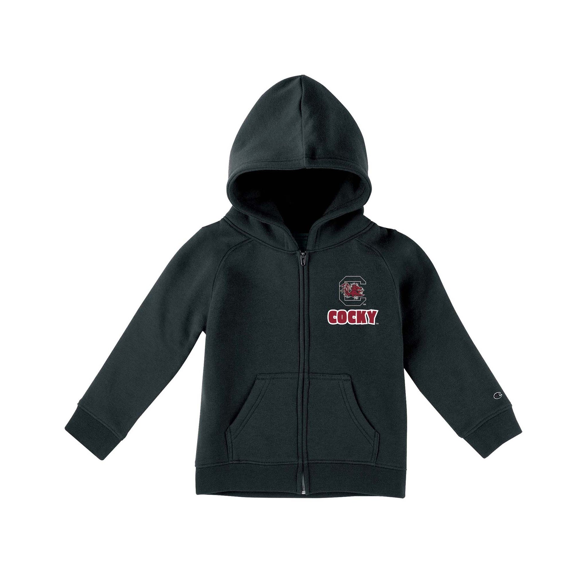 Black Champion toddler full-zip hoodie with South Carolina Gamecocks logo and “Cocky” text on chest, kangaroo pockets, and Champion “C” logo on sleeve.