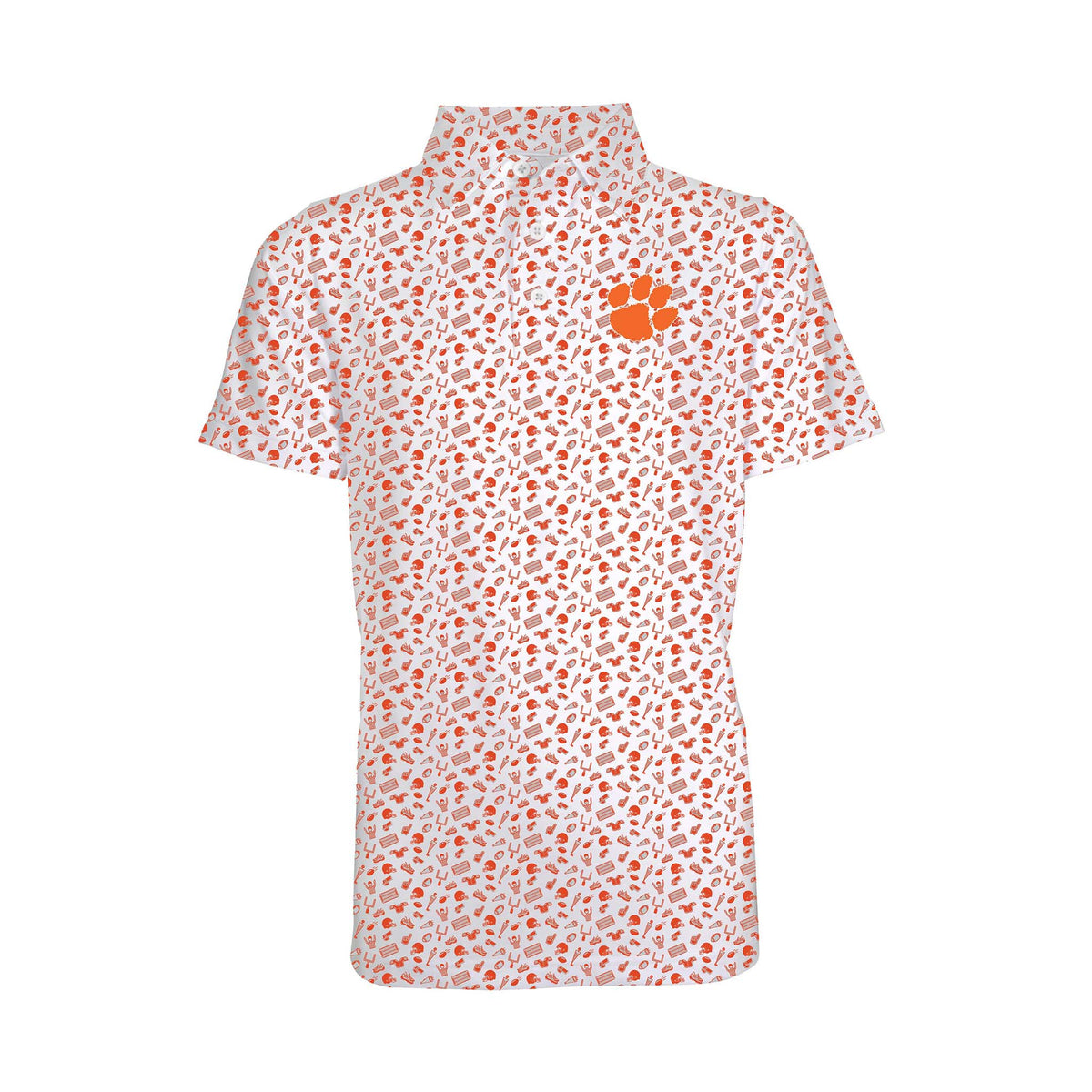 Front view of a youth-sized white polo shirt with an allover orange Clemson icon print and Tiger Paw logo on the left chest.