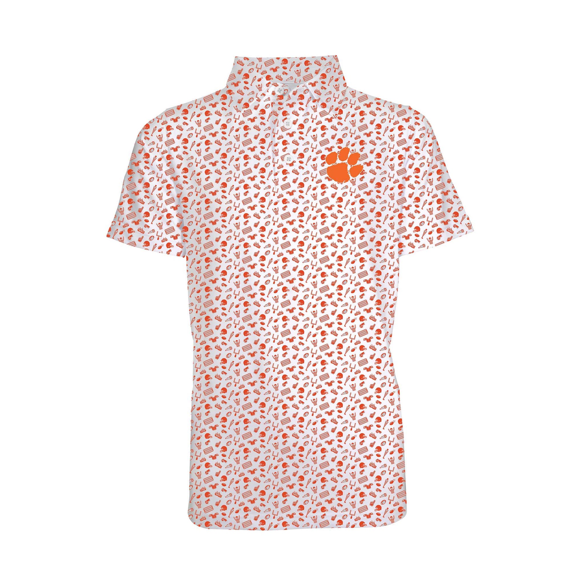 Front view of a youth-sized white polo shirt with an allover orange Clemson icon print and Tiger Paw logo on the left chest.