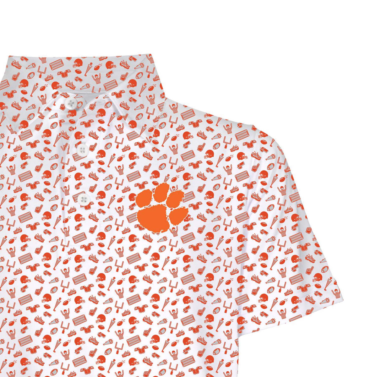 Close-up of youth Clemson polo showing orange team-themed icons and bold orange Tiger Paw logo on the left chest.