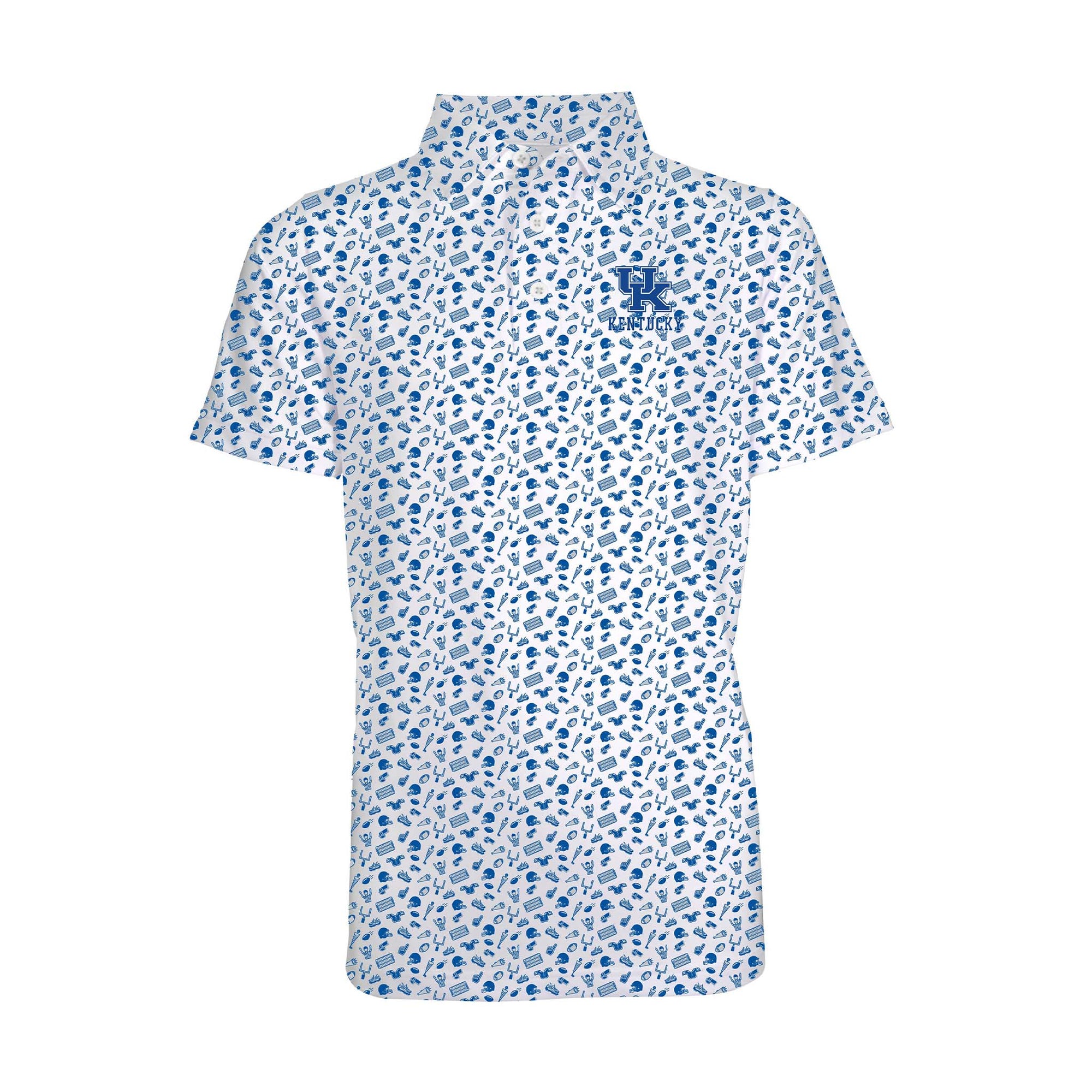 Youth Kentucky Wildcats polo with blue allover sports print and embroidered UK logo on chest.