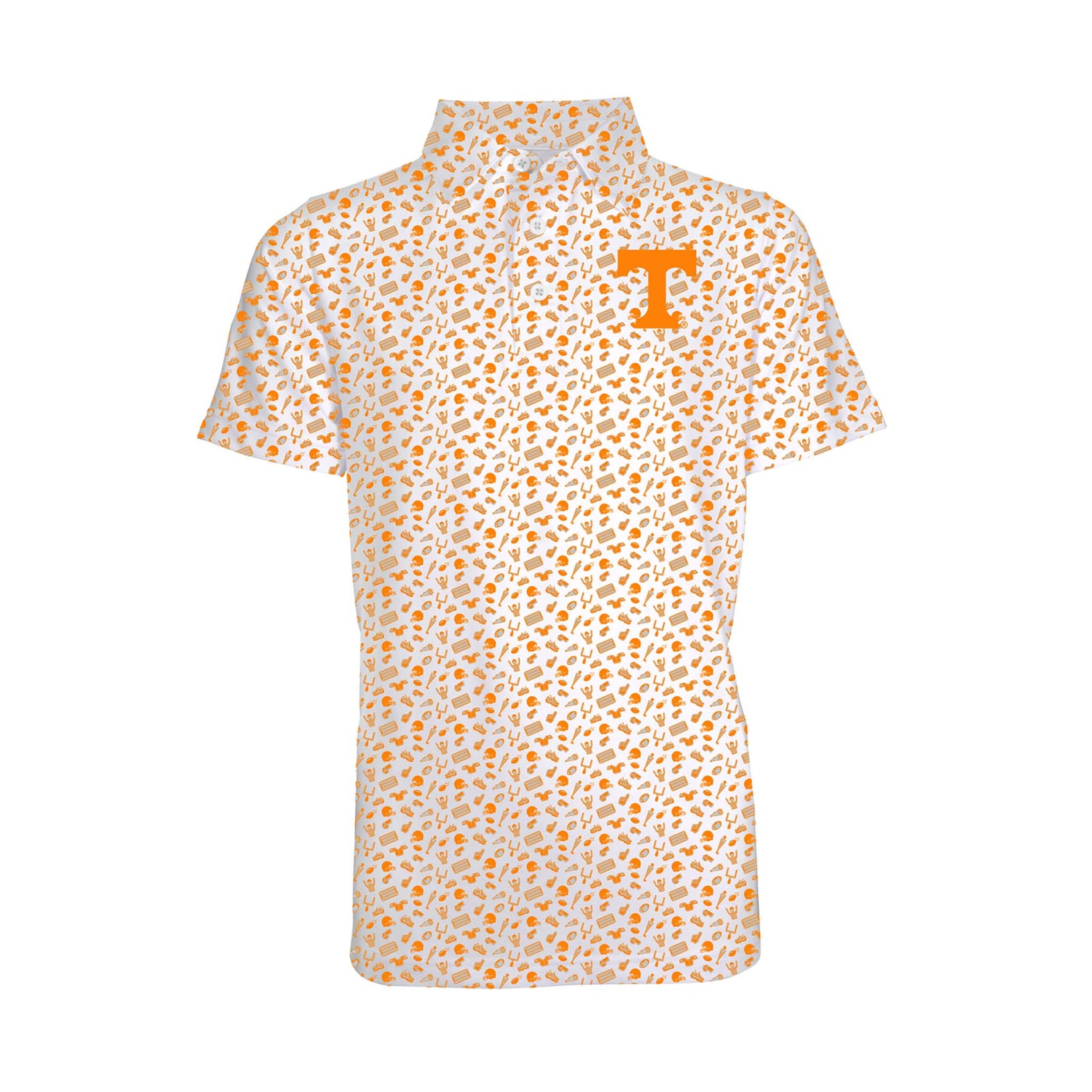 Front view of a youth sized white short sleeve polo with an allover orange Tennessee-themed icon pattern and a large orange “T” logo on the left chest.