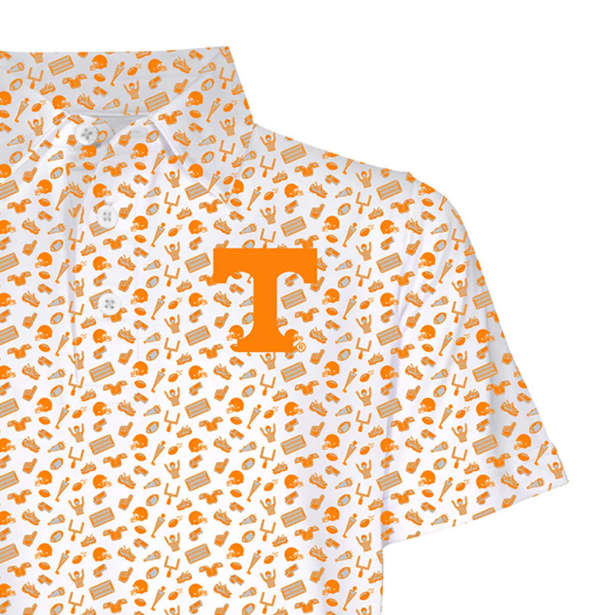 Closeup view of a white short sleeve polo collar with an allover orange Tennessee-themed icon pattern and a large orange “T” logo on the left chest.