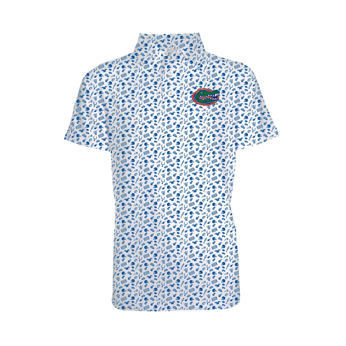 Front view of a youth-sized white polo with blue Florida Gators icon print and Gators logo on the left chest.