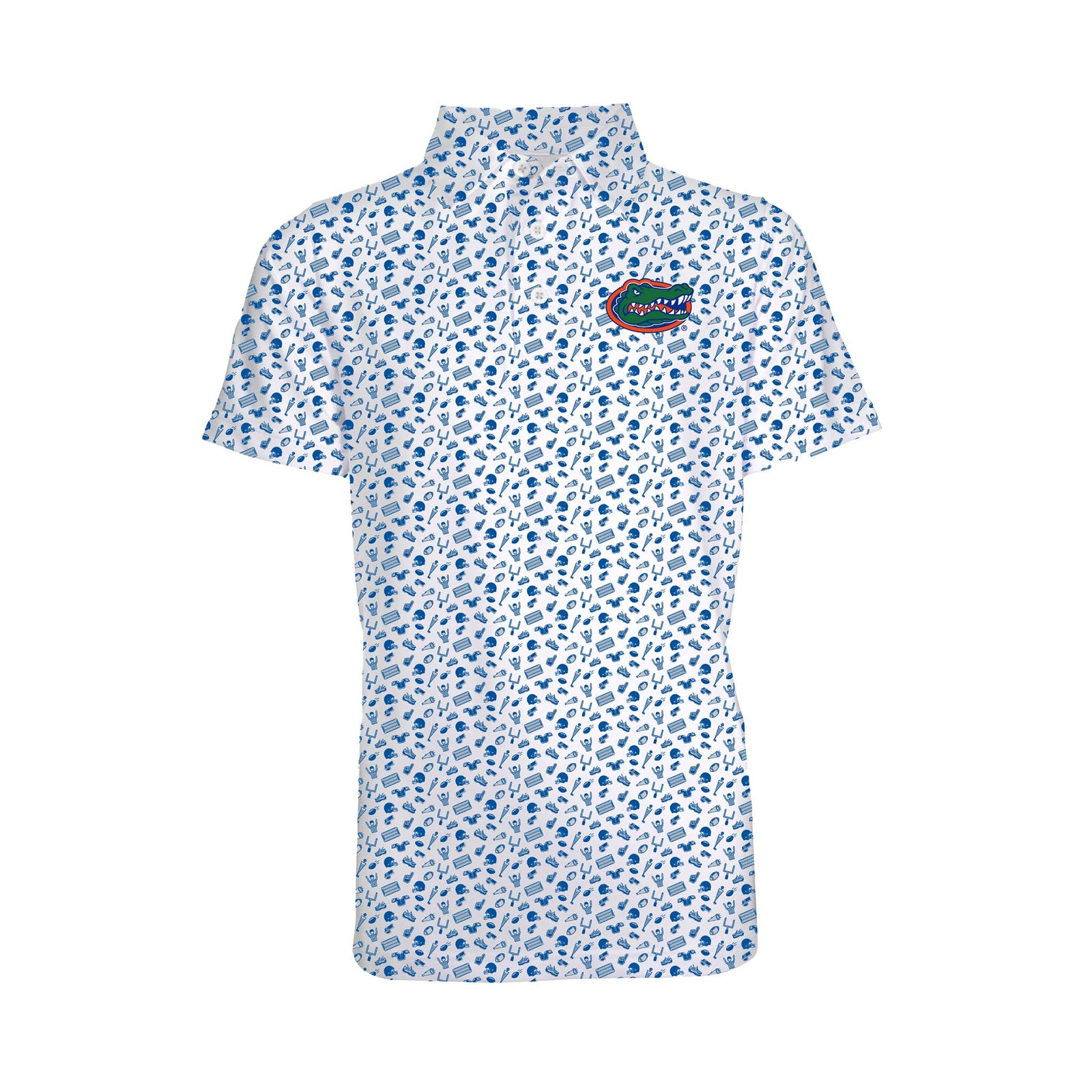 Front view of a youth-sized white polo with blue Florida Gators icon print and Gators logo on the left chest.