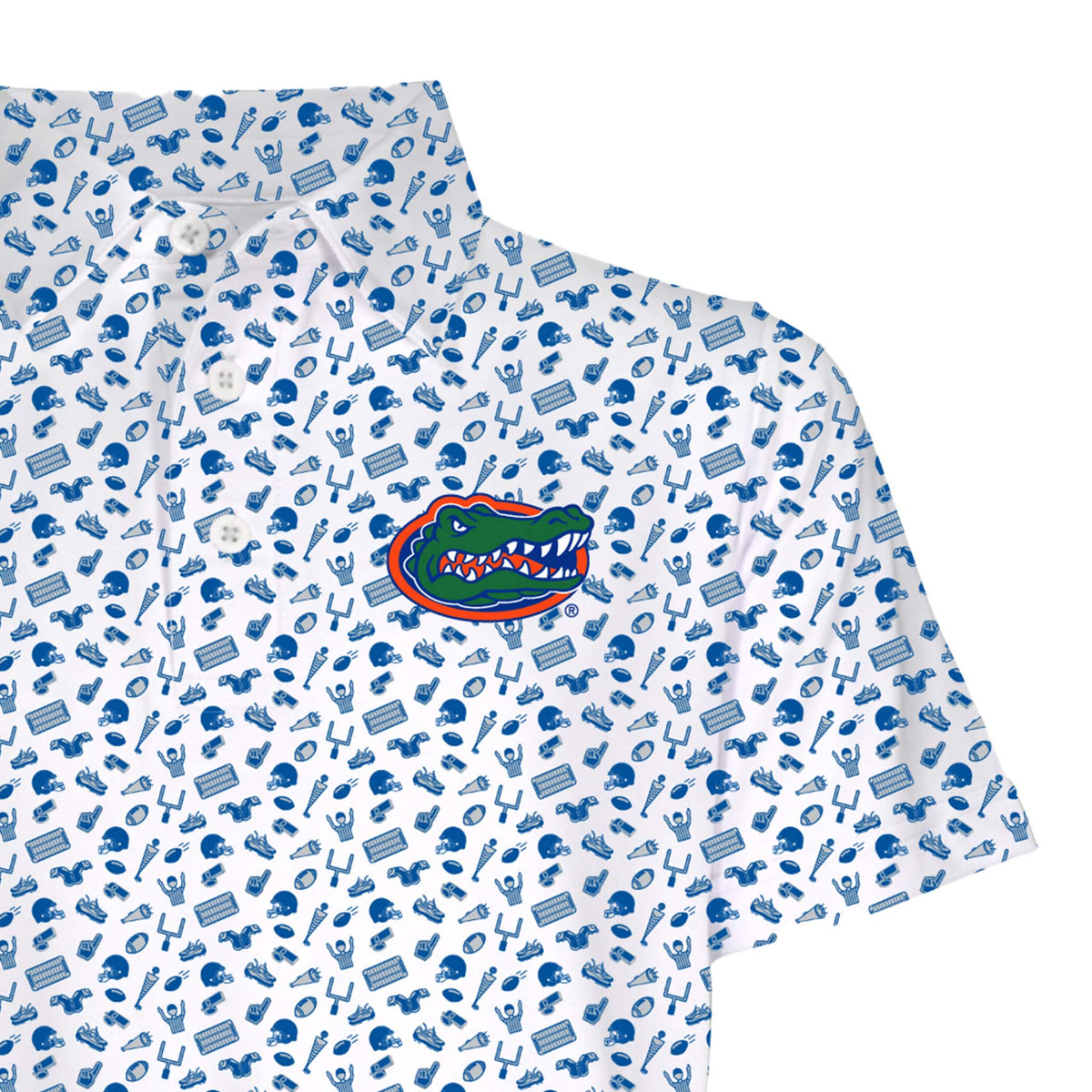 Close-up of youth Florida Gators polo showing blue team-themed icons and the full-color Gators logo on the left chest.