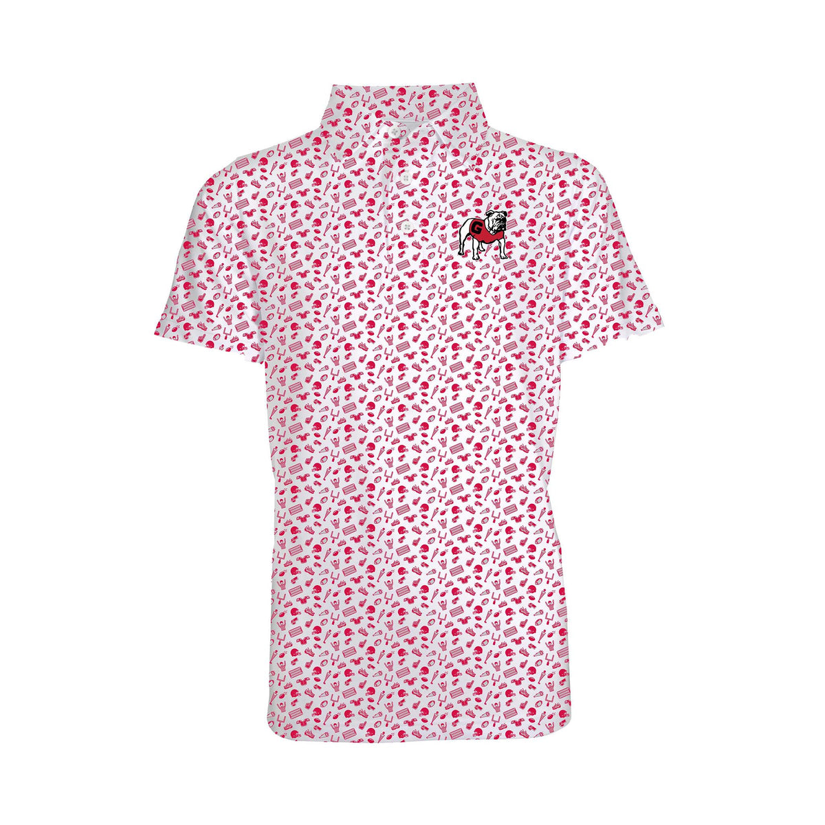 Front view of a youth-sized white polo with red Georgia Bulldogs icon print and Bulldog mascot logo on the left chest.