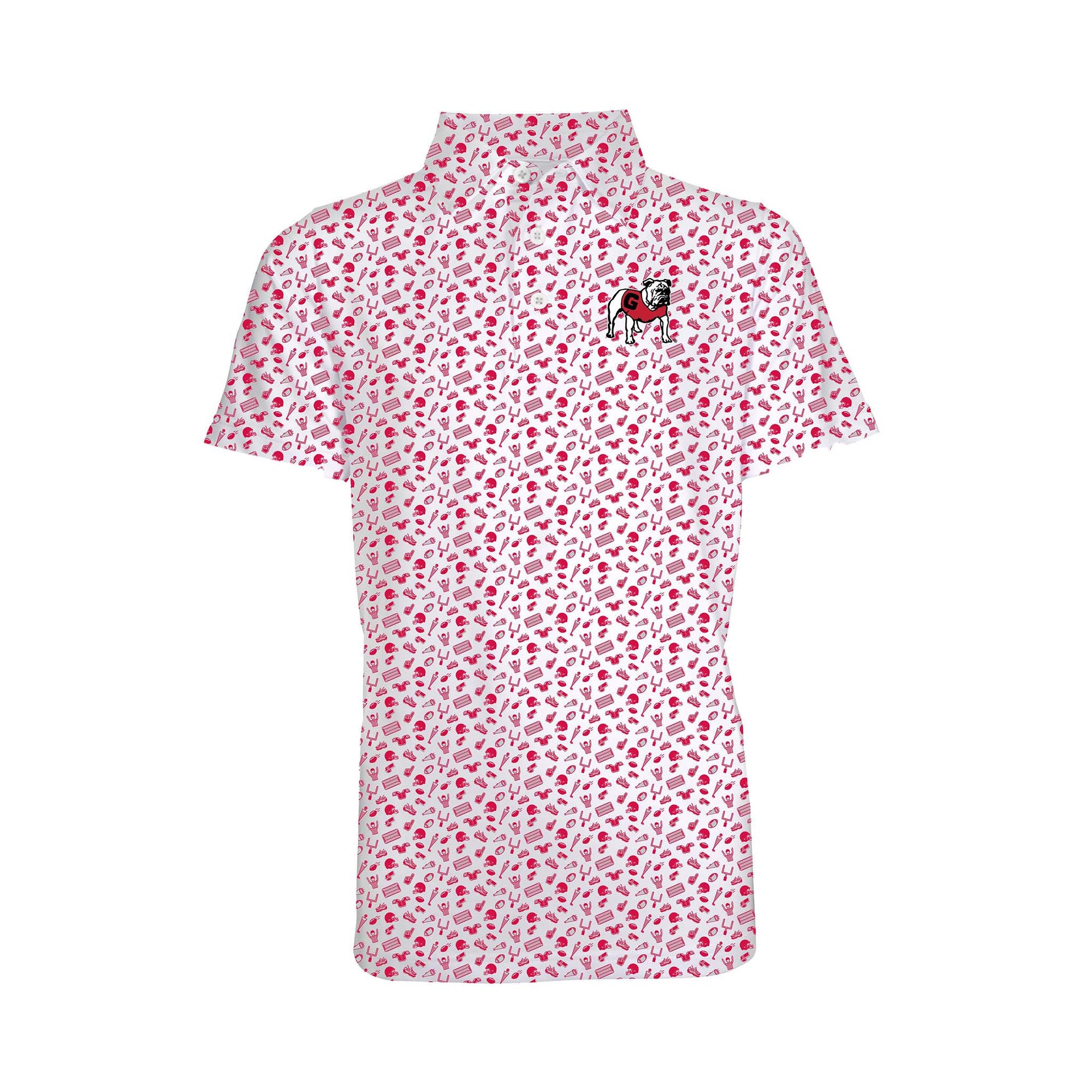 Front view of a youth-sized white polo with red Georgia Bulldogs icon print and Bulldog mascot logo on the left chest.