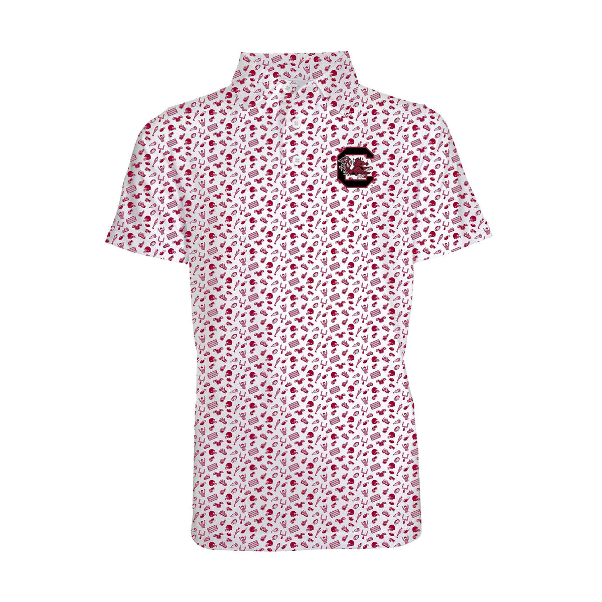 Youth South Carolina Gamecocks polo with garnet allover sports print and embroidered USC logo on chest.
