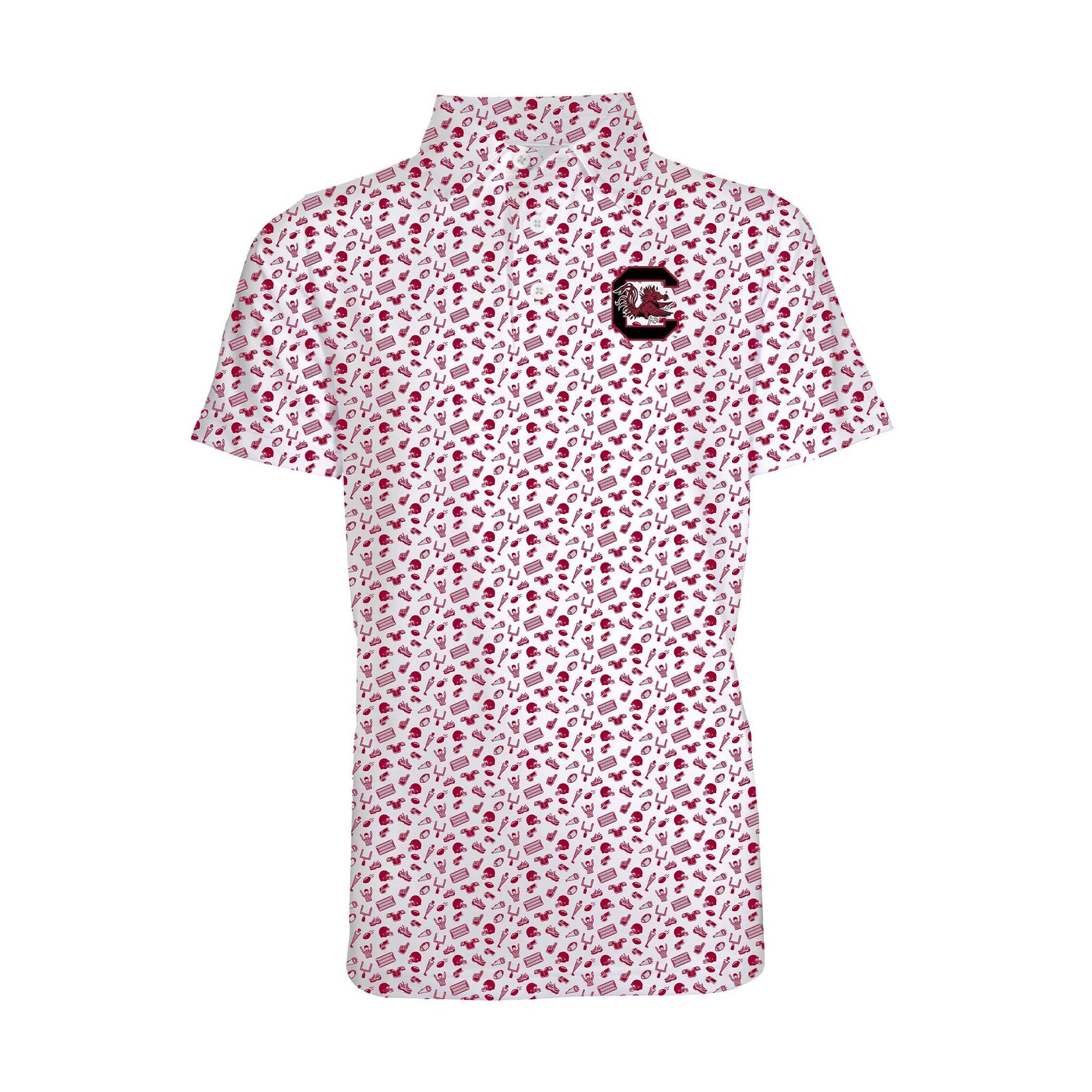 Youth South Carolina Gamecocks polo with garnet allover sports print and embroidered USC logo on chest.
