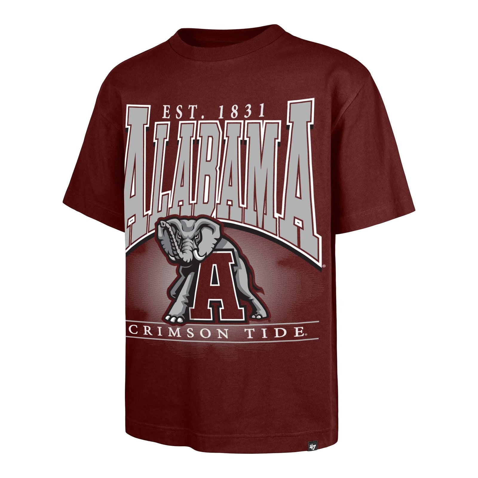'47 Brand University of Alabama Hot Corner Foundation Tee in cardinal red, featuring a bold vintage-inspired 'Alabama Crimson Tide' graphic across the chest, short sleeves, crew neck, and a relaxed, soft cotton fit. Big Al is standing under "Alabama" looking fierce with his trunk raised in the air.
Sizes available S-XXL, men's cut.