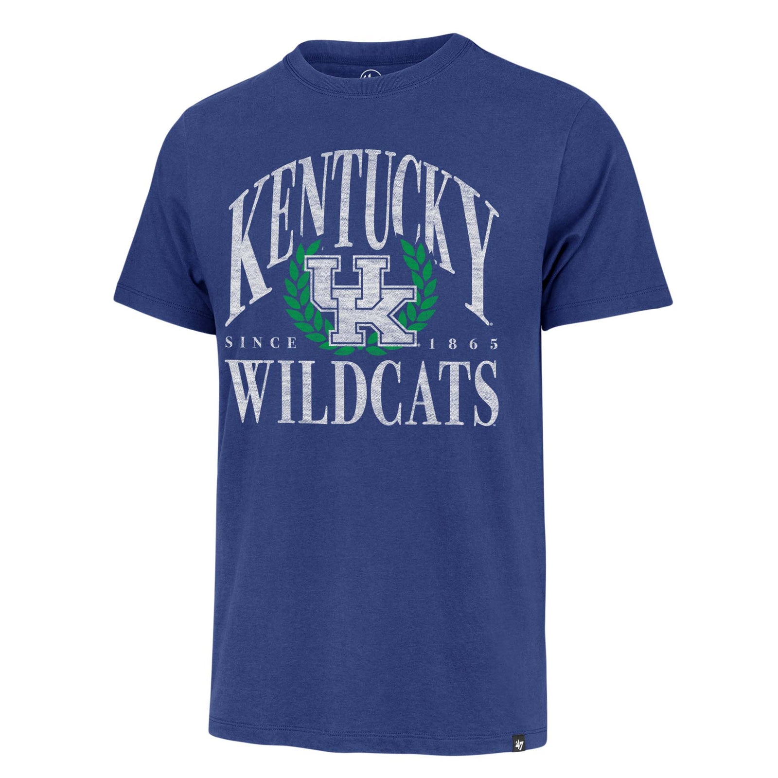 47 Brand Kentucky Pitchout Franklin Short Sleeve T-shirt, color jetty blue, sizes S-XXL
The front features a vintage-inspired 'Kentucky Wildcats' graphic on the front in white with the UK logo surrounded by greenery.  The shirt is constructed with a soft cotton fabric, crew neckline, and relaxed fit.