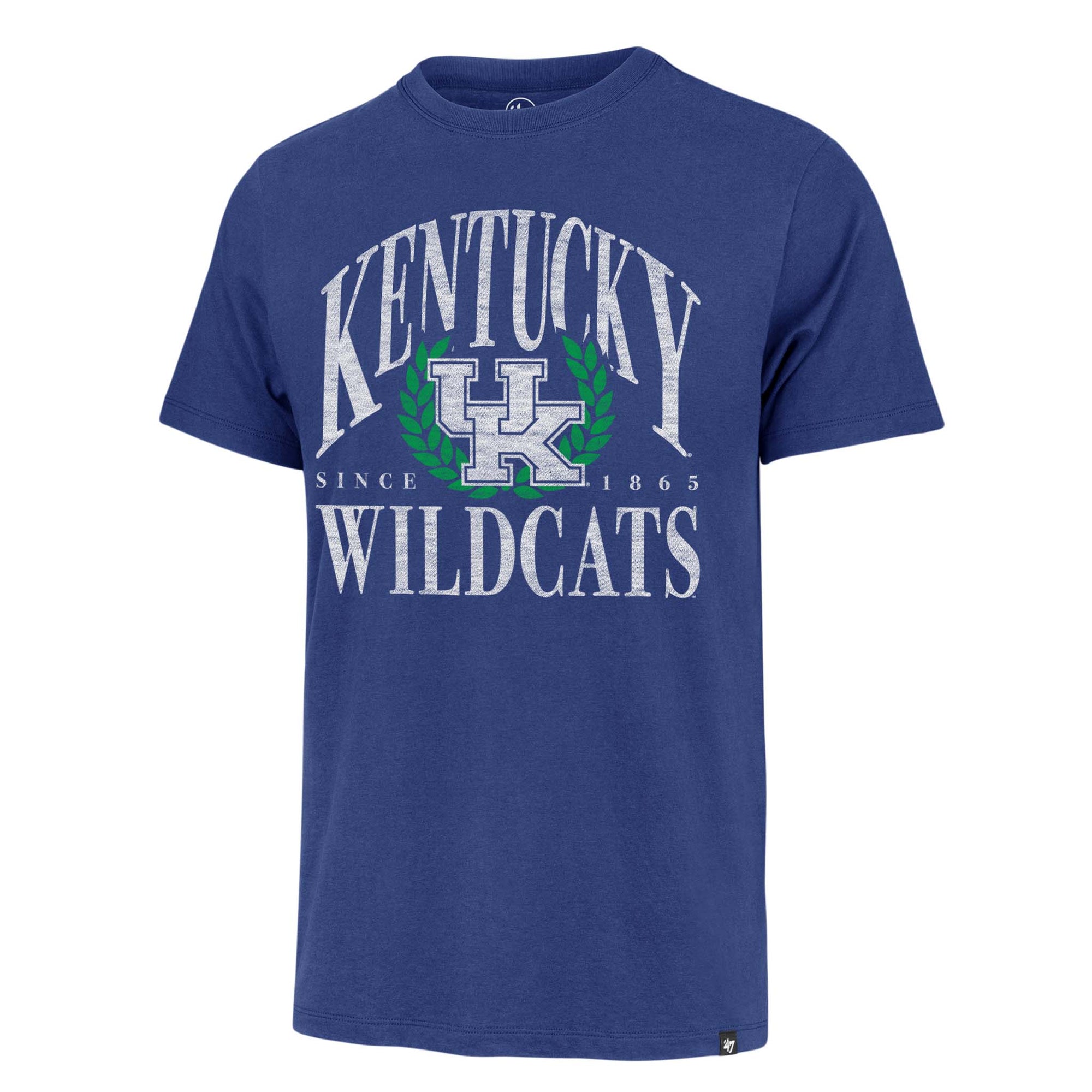 47 Brand Kentucky Pitchout Franklin Short Sleeve T-shirt, color jetty blue, sizes S-XXL
The front features a vintage-inspired 'Kentucky Wildcats' graphic on the front in white with the UK logo surrounded by greenery.  The shirt is constructed with a soft cotton fabric, crew neckline, and relaxed fit.