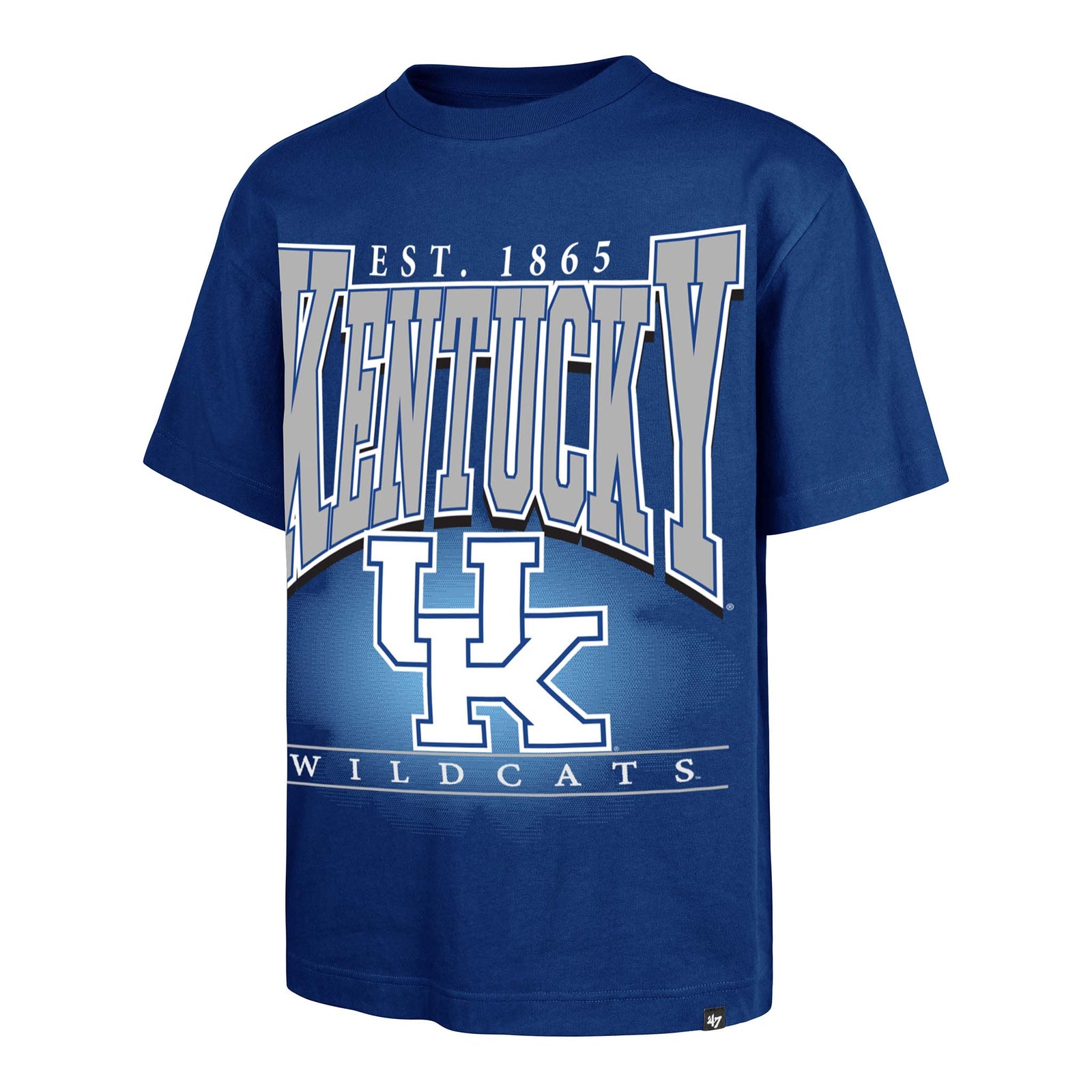 47 Brand Kentucky Hot Corner Foundation Short Sleeve T-Shirt, color royal blue, sizes S-XXL.
The front design features "Kentucky" in large arched gray font, the UK logo underneath, and wildcats in white at the bottom.