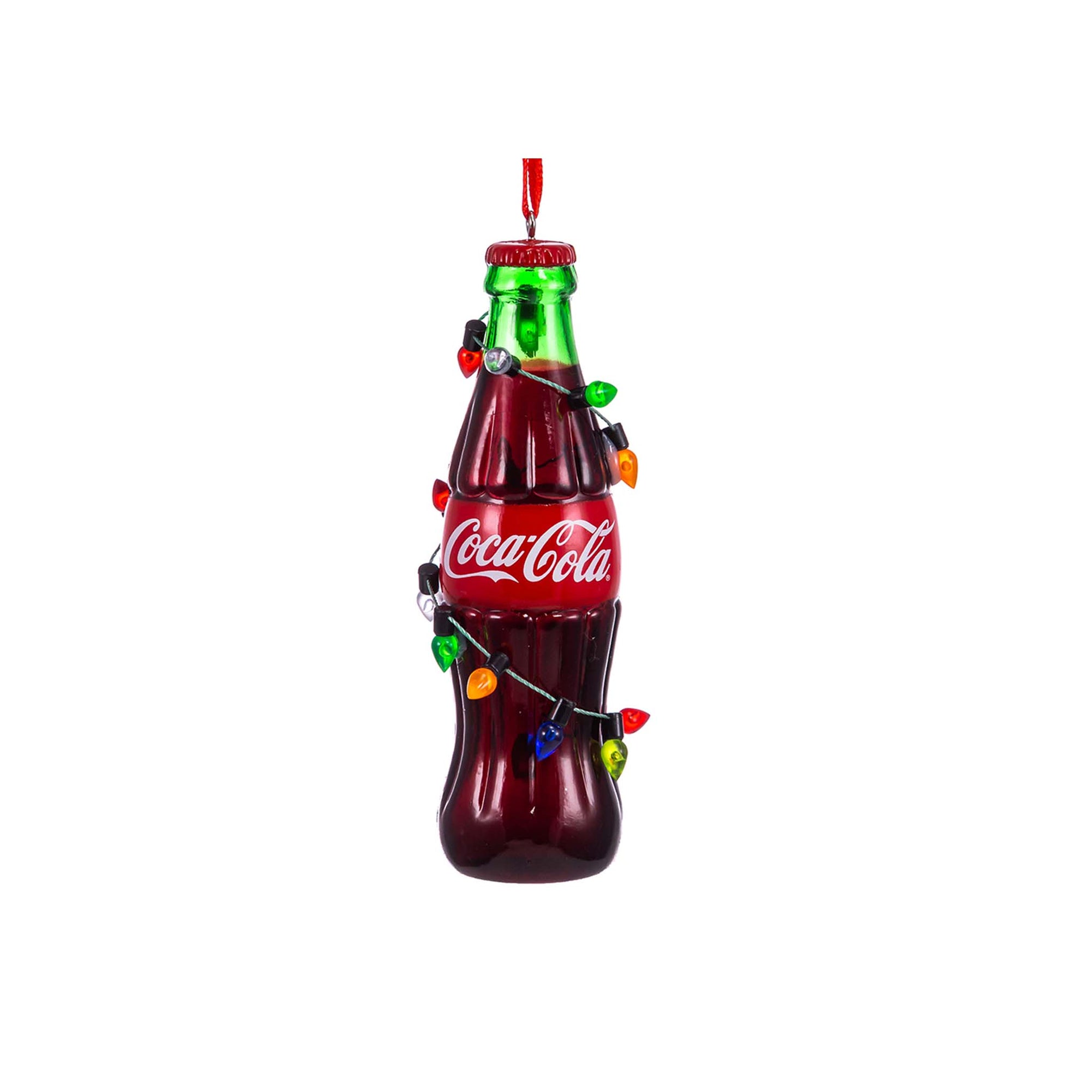 Coca-Cola glass bottle ornament decorated with multicolored Christmas lights and red hanging ribbon.
