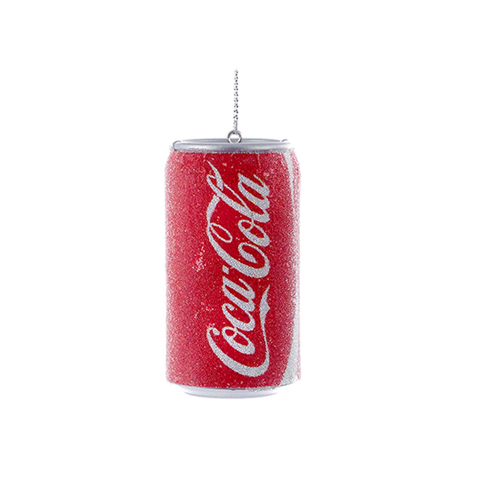 Red Coca-Cola can ornament with glitter finish and silver top, hanging on a chain.