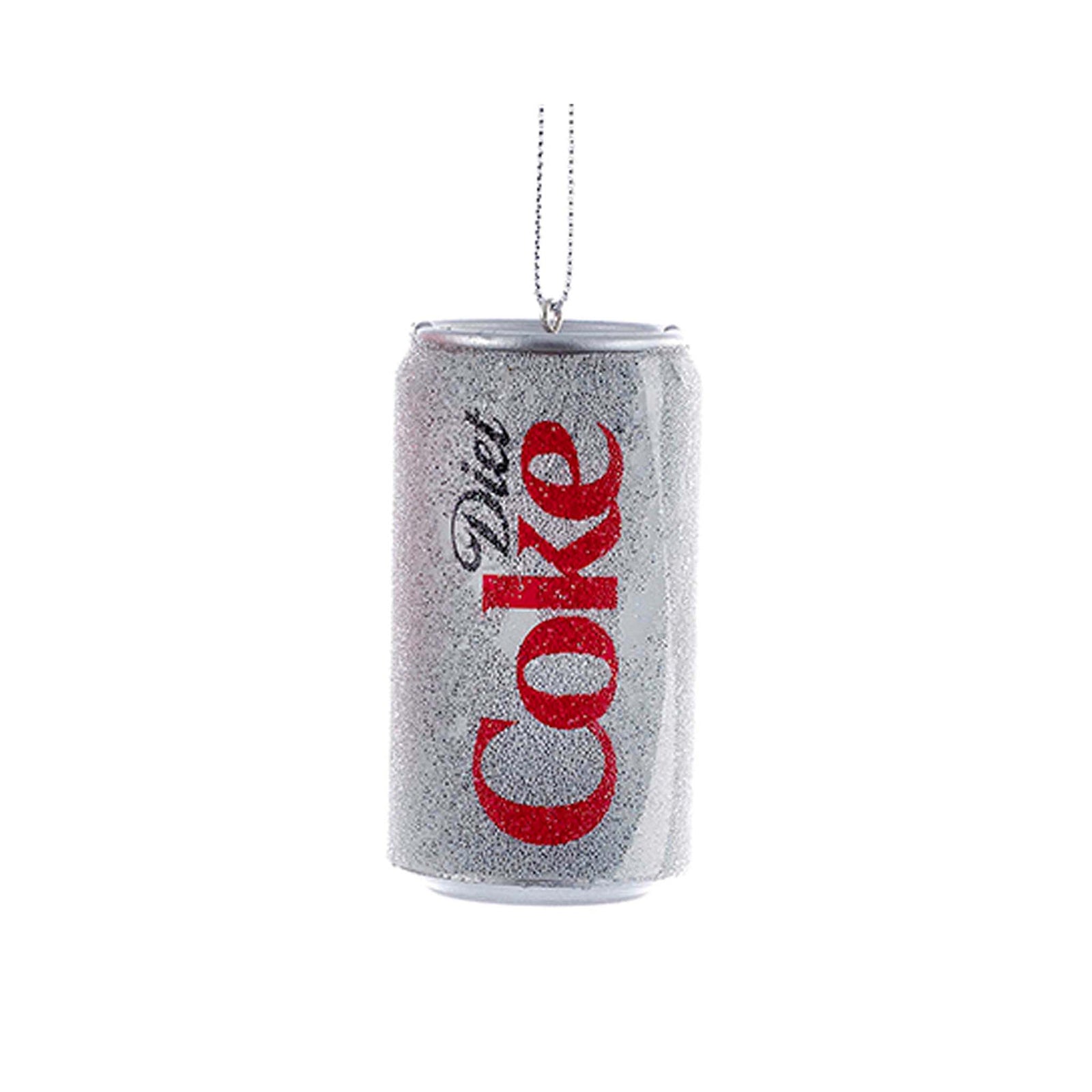 Silver Diet Coke can ornament with glitter details and red lettering, hanging on a chain.