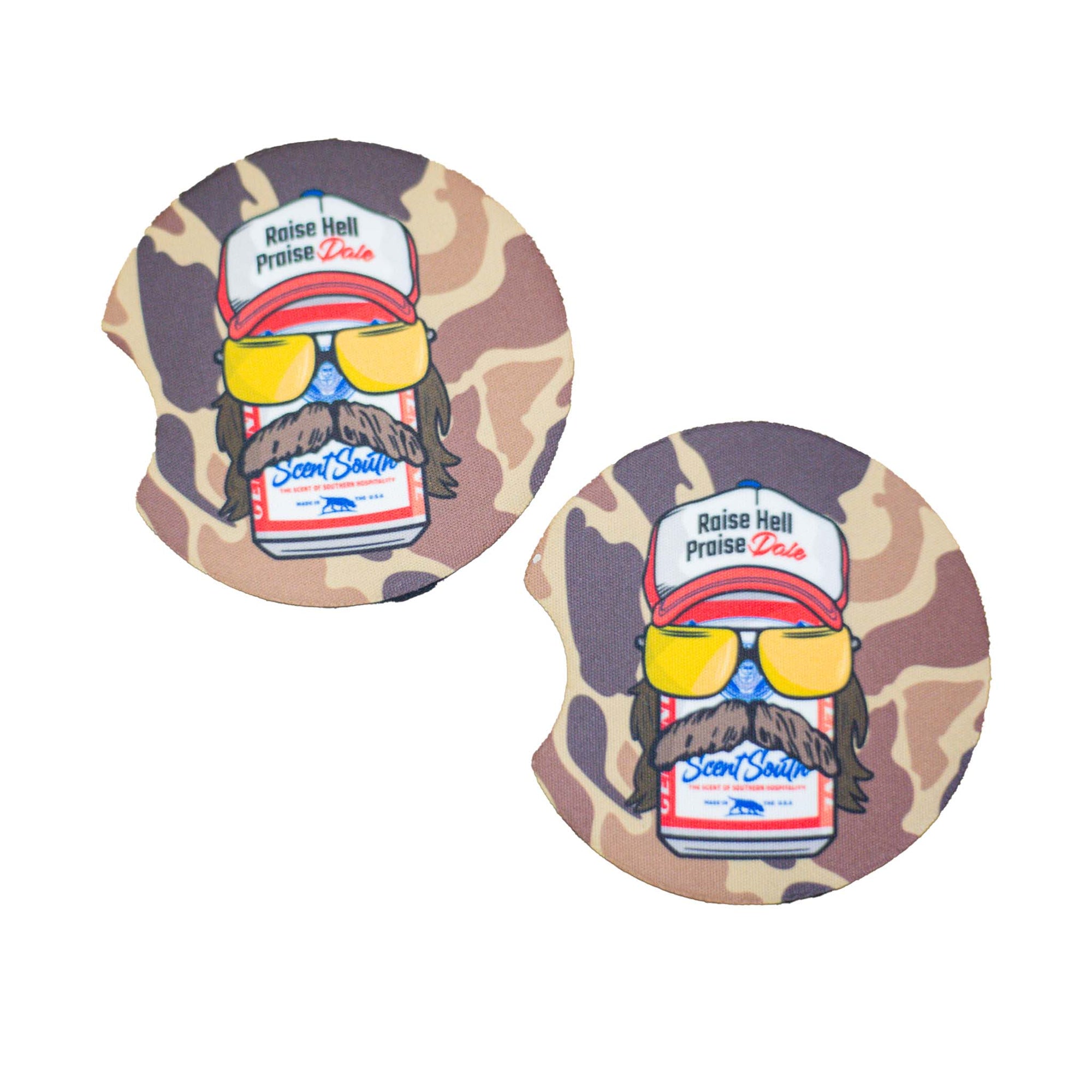 Two camo-print Scent South car coasters with graphic of mustached man wearing yellow sunglasses and red hat that reads “Raise Hell Praise Dale.”