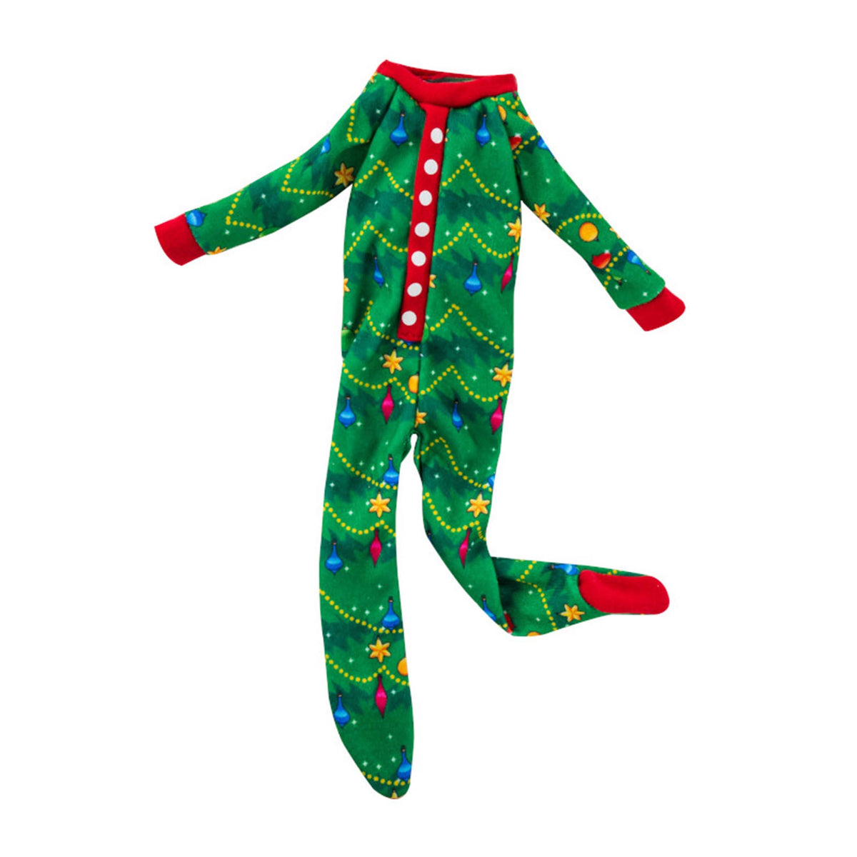 Green Christmas-themed onesie with colorful lights and red accents on a white background