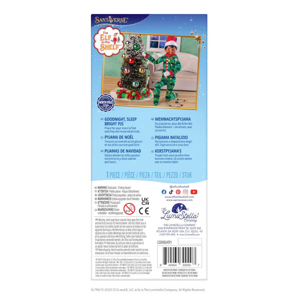Product packaging for a Christmas-themed children's outfit with branding and product details.