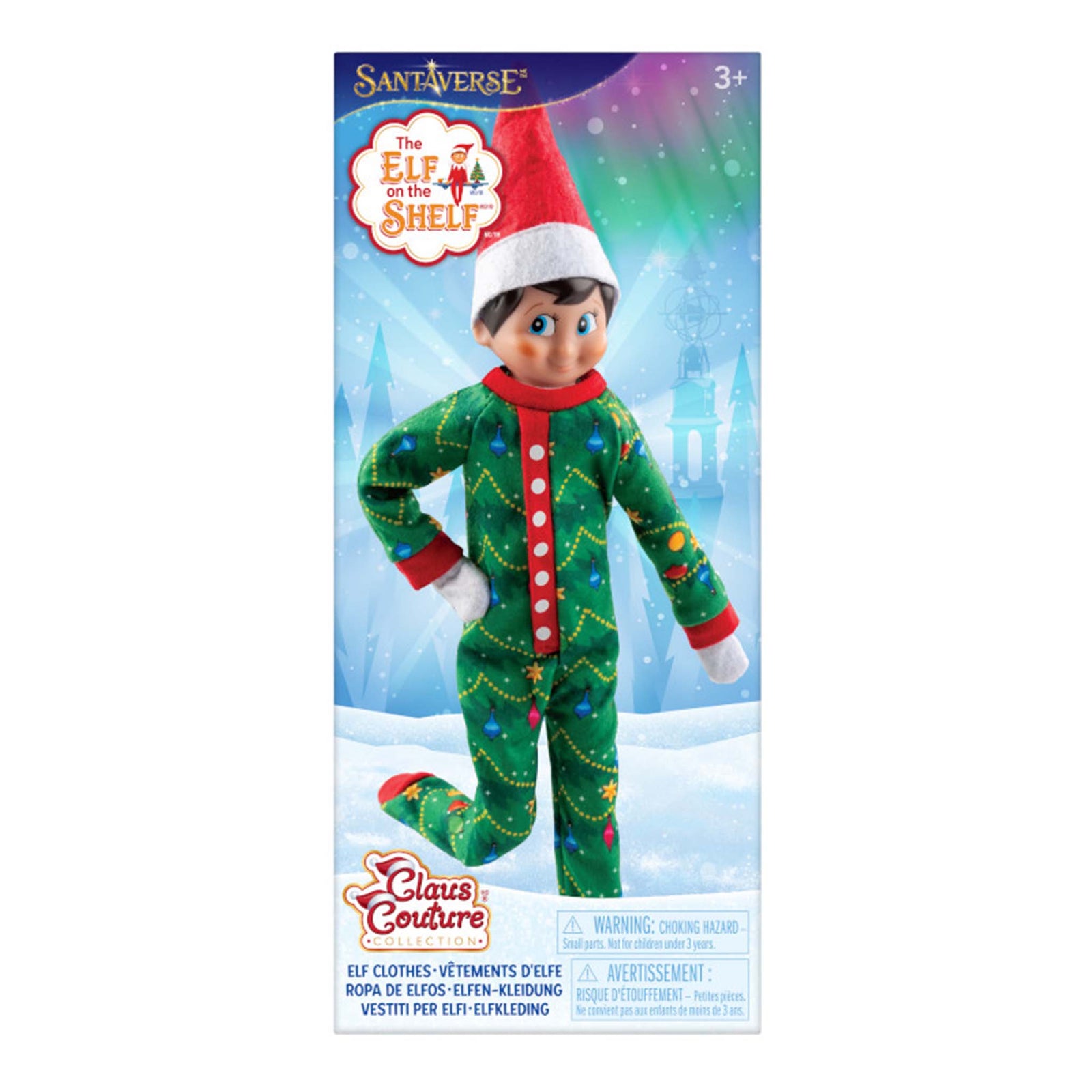 Elf on the Shelf doll in green pajamas with Christmas lights on a colorful packaging background.