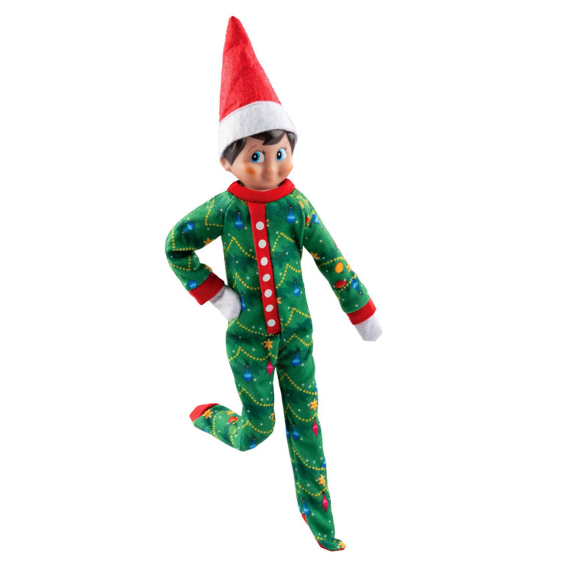 Elf on the Shelf wearing green pajamas with Christmas lights and a red hat on a white background