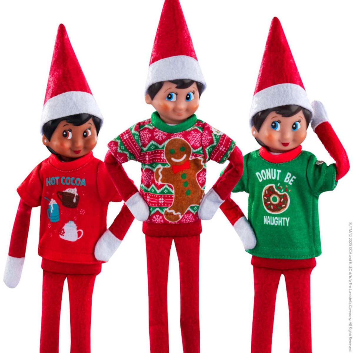 Three Christmas-themed elf dolls with colorful outfits on a white background